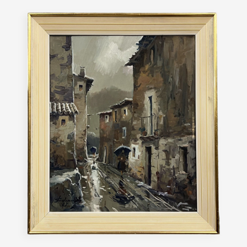 José Colomer: huile sur toile vue d'une rue de Gerona en Espagne vers 1960