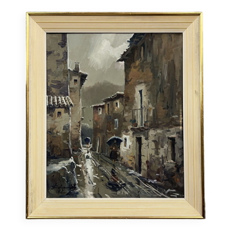 José Colomer: huile sur toile vue d'une rue de Gerona en Espagne vers 1960