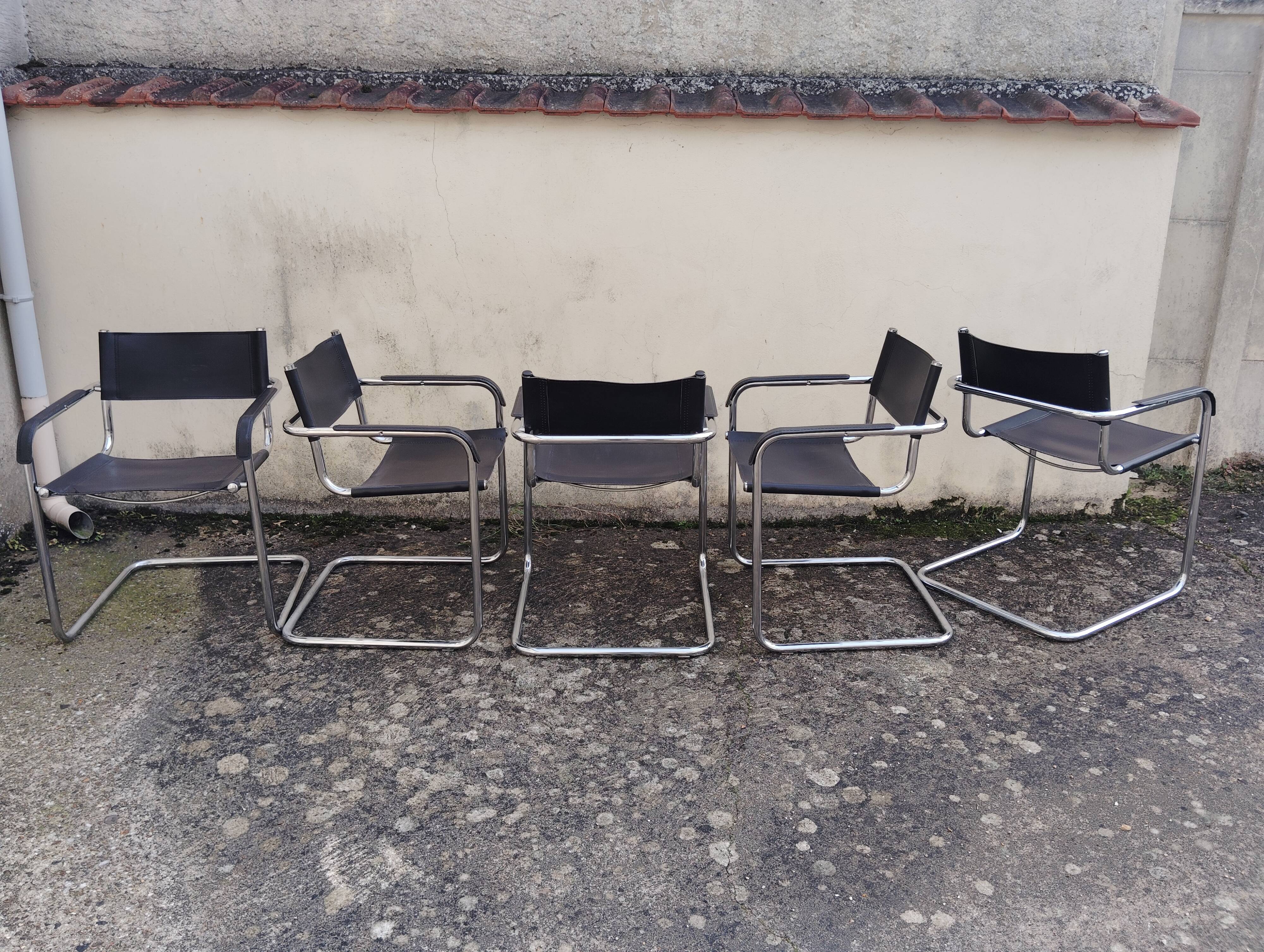 Set of 5 leather/chrome cantilever chairs