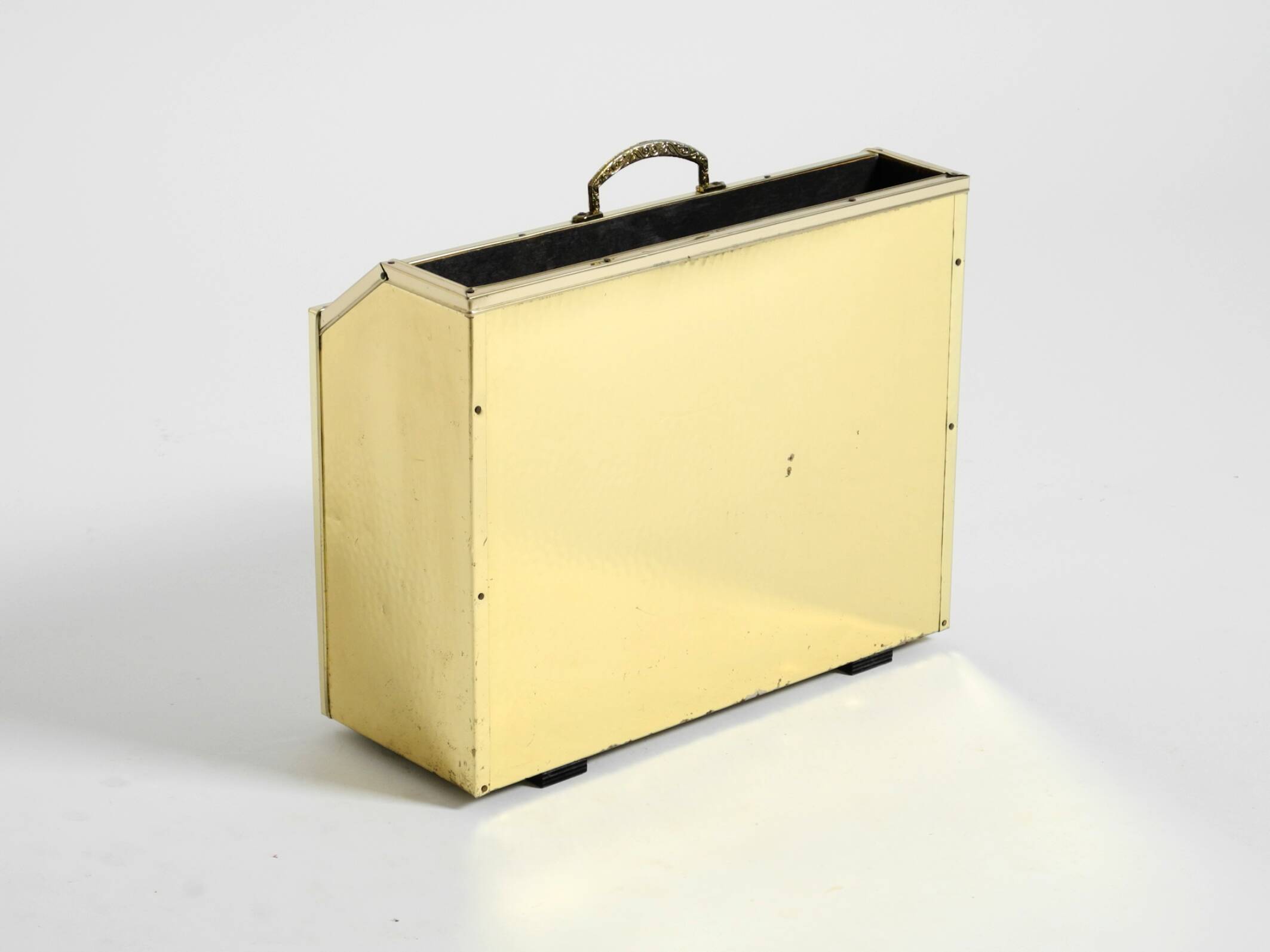 1980s newspaper rack made of brass and wood in Hollywood Regecy design