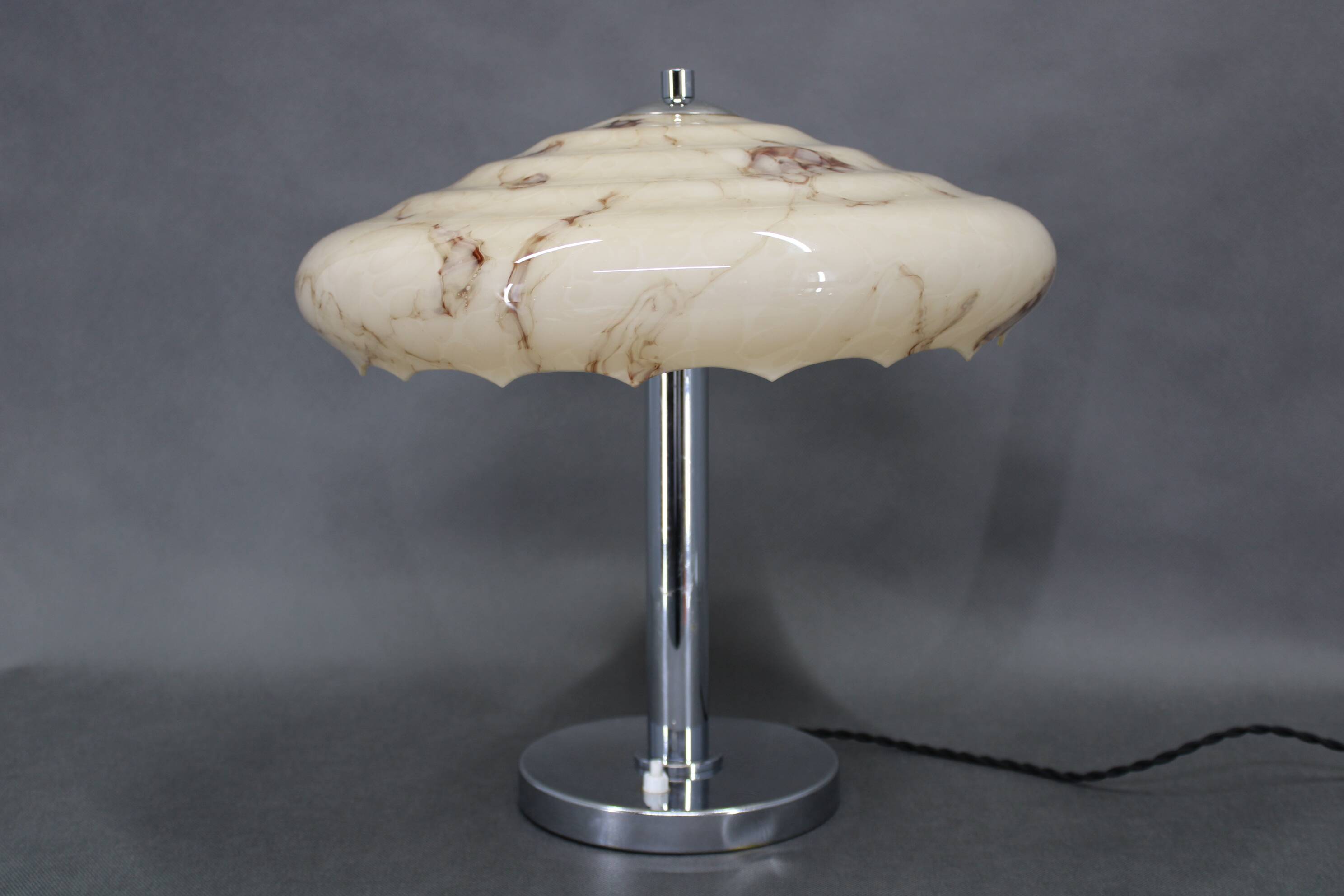 Czechoslovak Art Deco chrome table lamp with marbled glass, 1930s