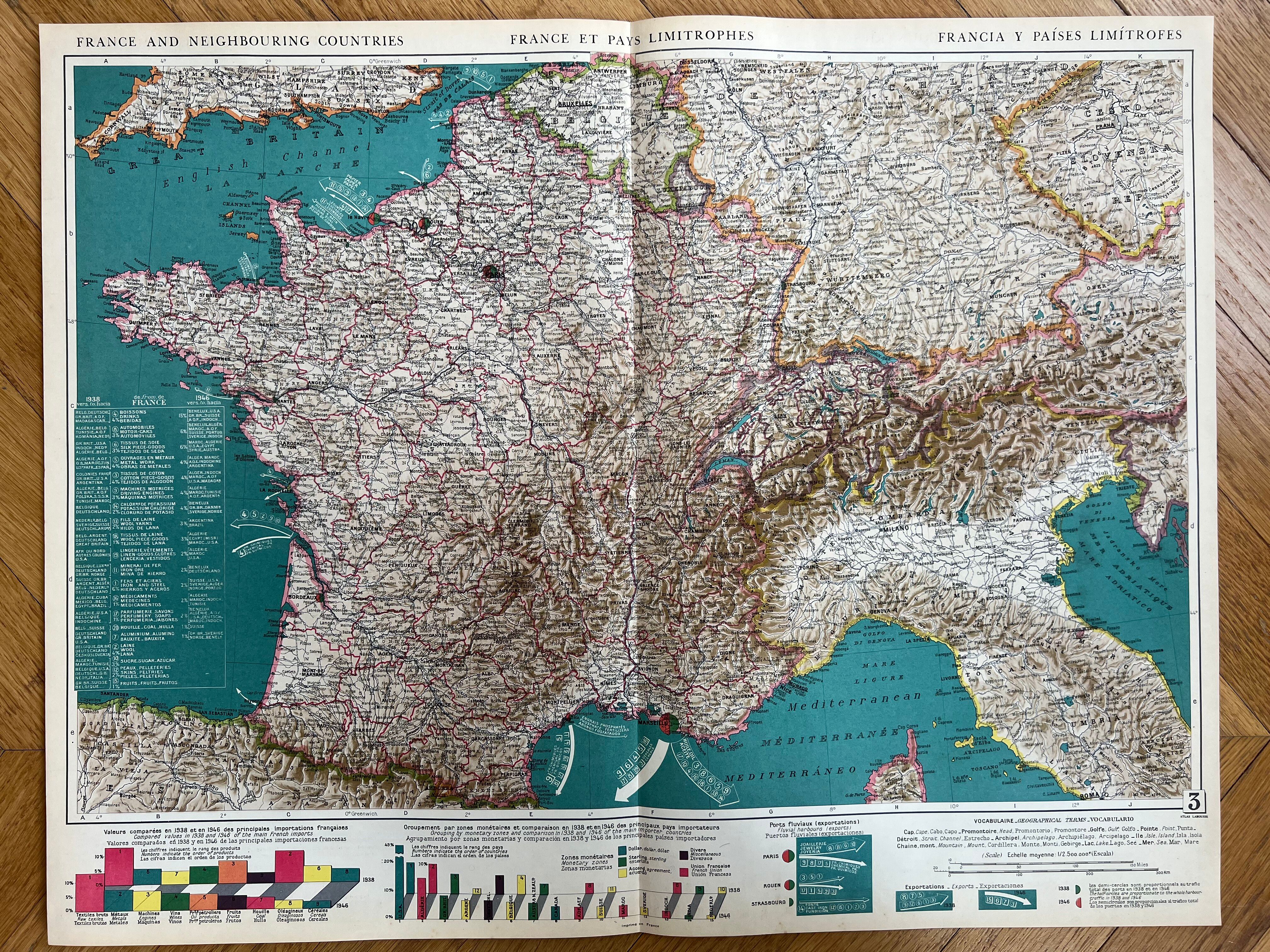 Old map of France and neighbouring countries — Economic & Geographic