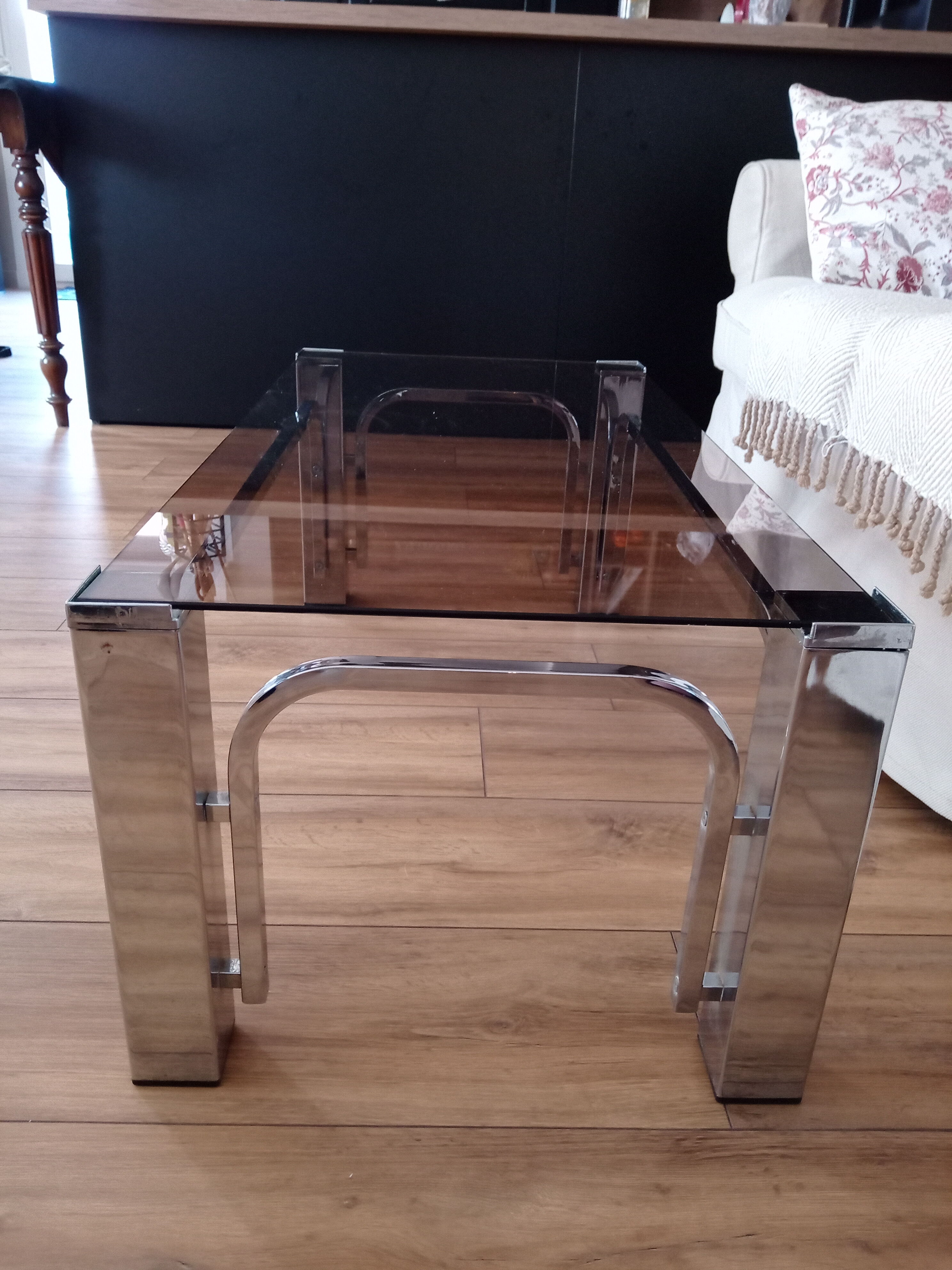 Vintage 70s lounge coffee table chrome-plated base and smoky glass tray