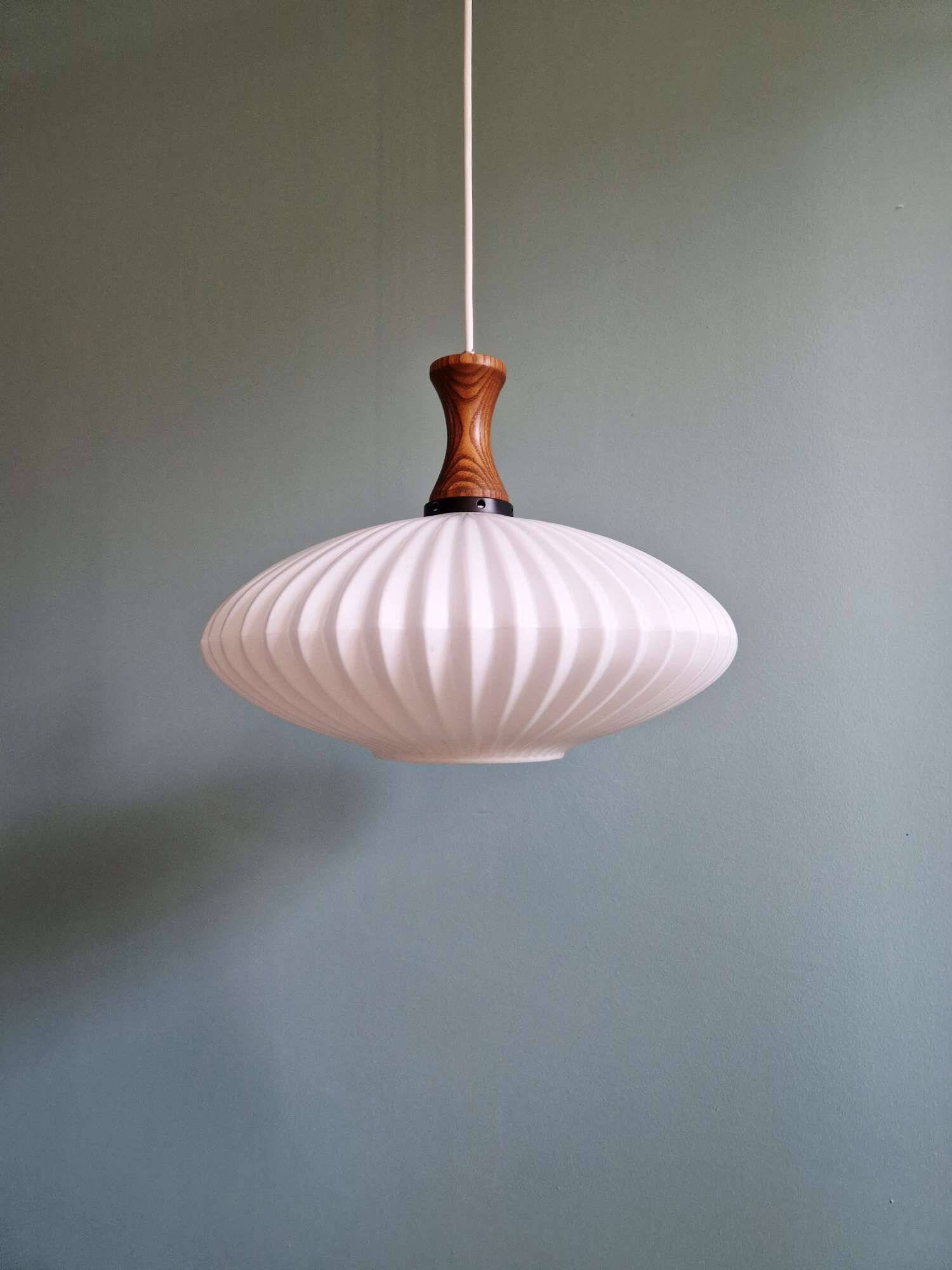 Teak and pleated white opaline suspension, Massive, 1960