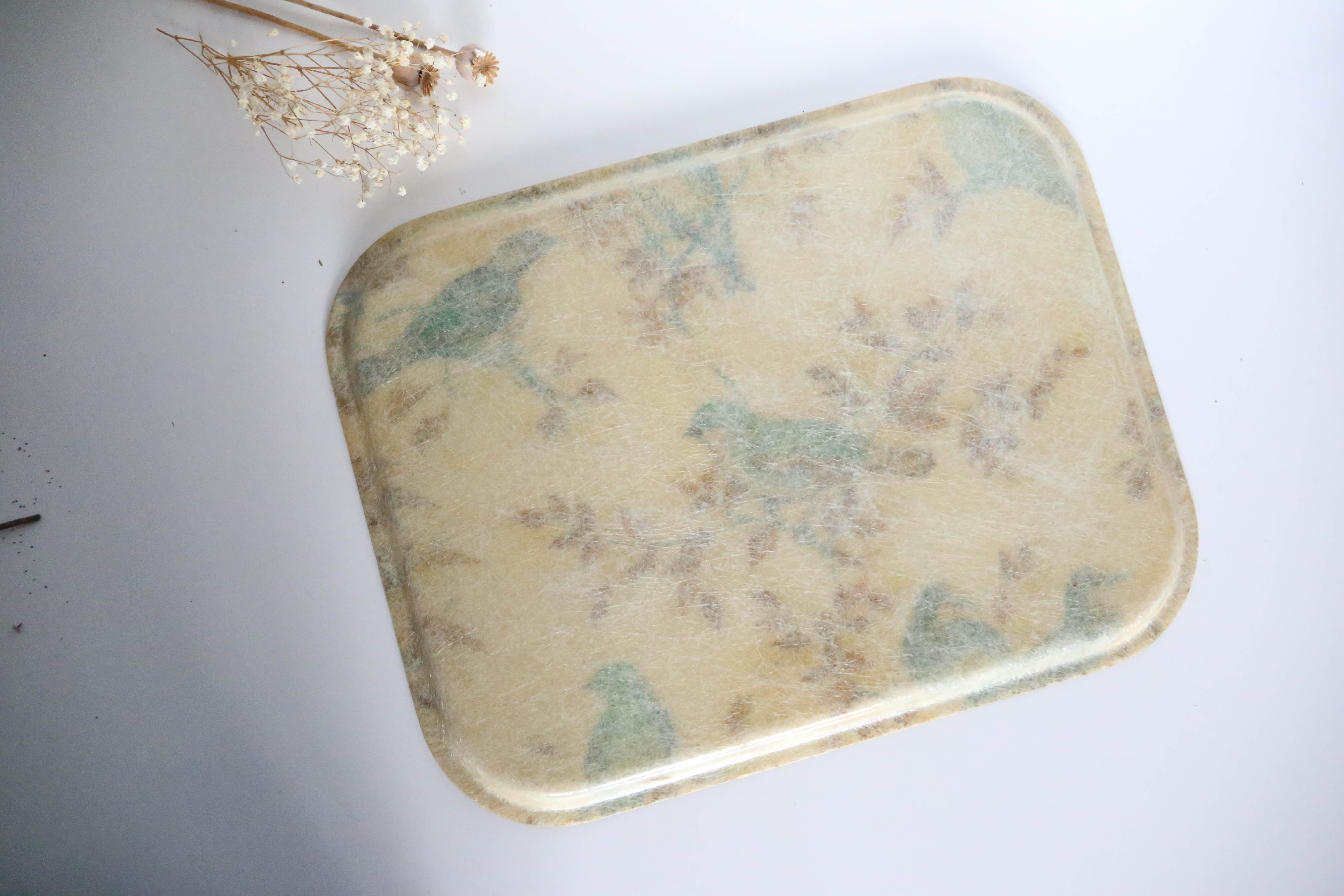 Fiber service tray, bird decorations, vintage
