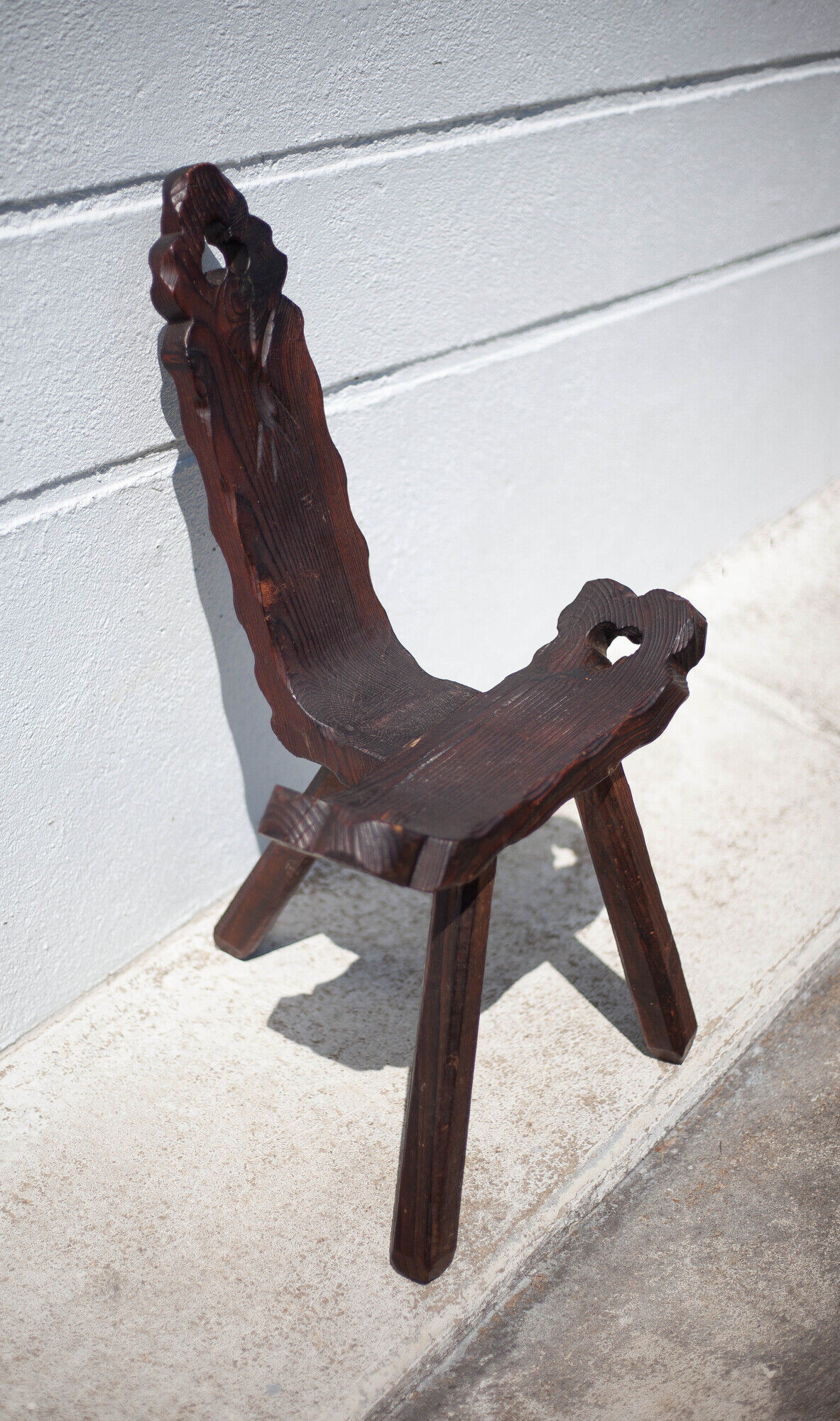 Brutalist wooden chair, tripod chair, Spanish chair