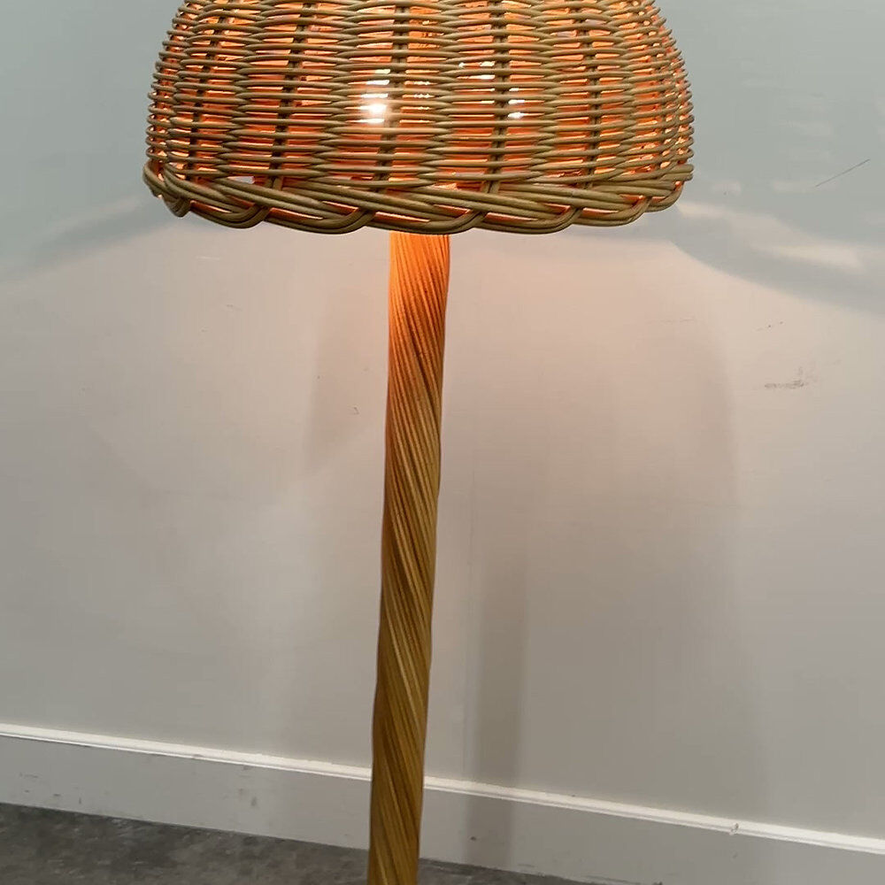 Large French rattan floor lamp, mushroom shade, vintage wicker standing lamp