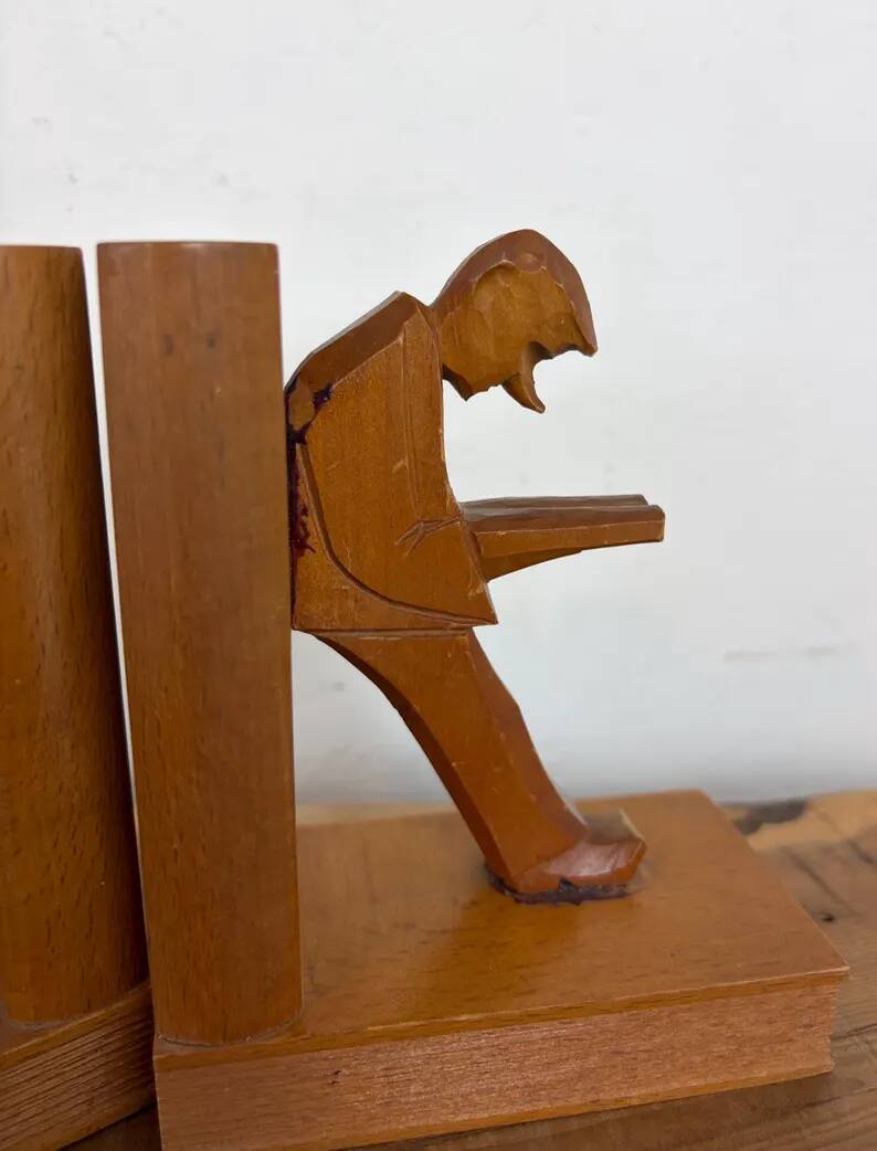 Vintage Mid-Century Cubist German Carved Wood Bookends – Art Deco Style