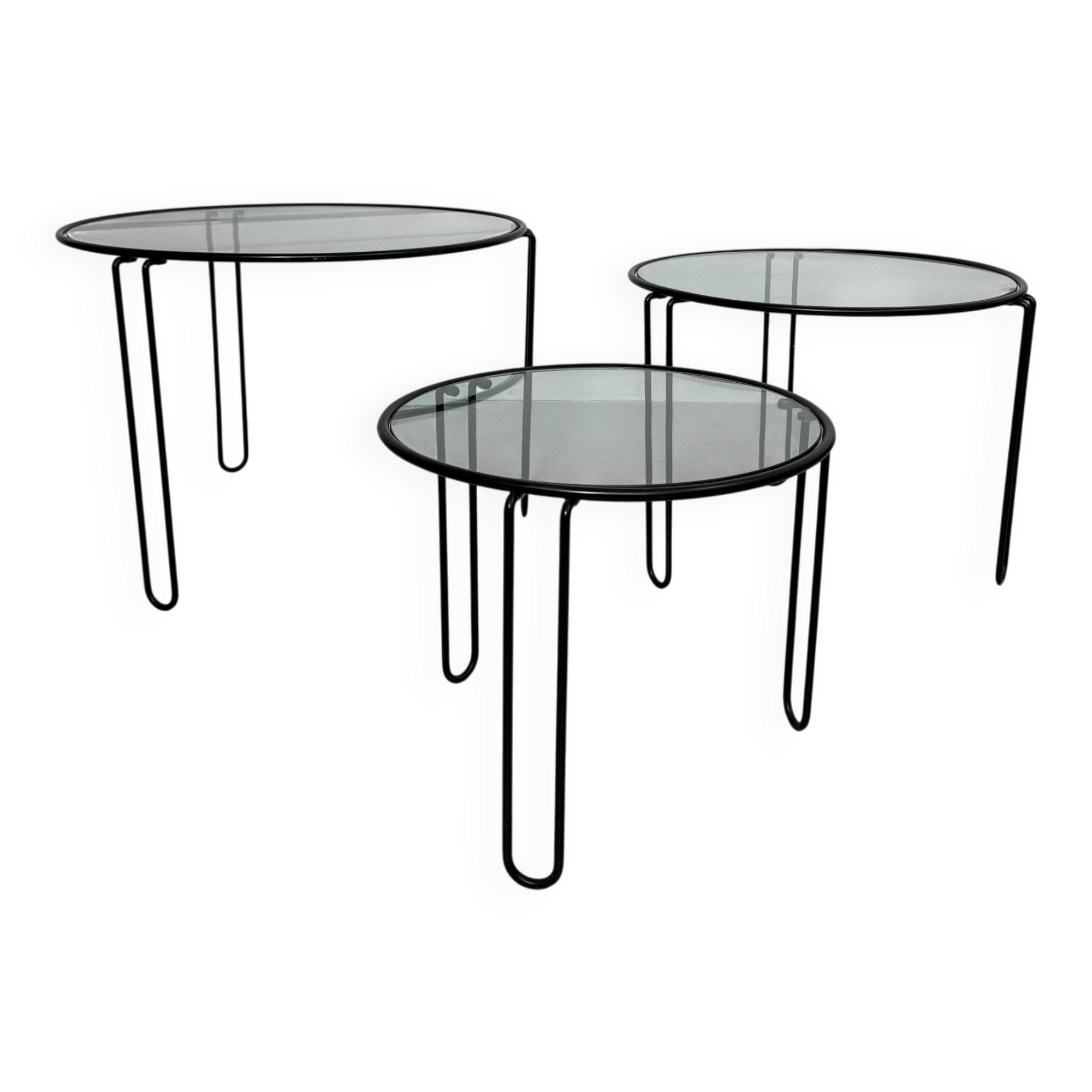 Set of 3 Minimalist Wire and Glass Nesting Tables, 1970s - 1980s