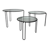 Set of 3 Minimalist Wire and Glass Nesting Tables, 1970s - 1980s