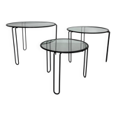 Set of 3 Minimalist Wire and Glass Nesting Tables, 1970s - 1980s