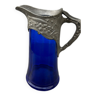 Pichet/broc ancien verre bleu et métal argenté