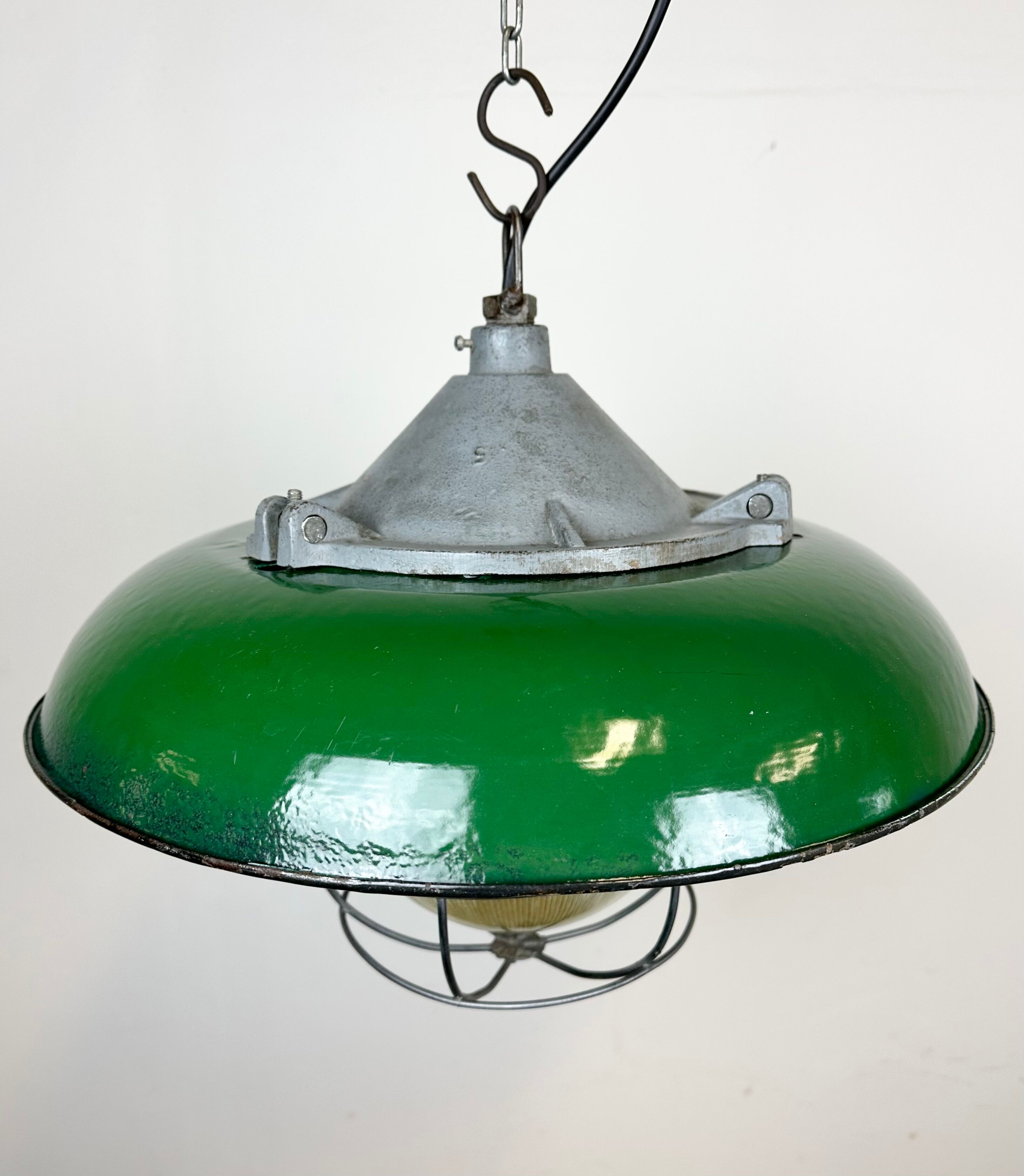 Industrial Green Enamel Factory Cage Pendant Lamp in Cast Iron from Zaos, 1960s