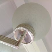 Six-light chrome metal chandelier and opaque glass globes / vintage 60s and 70s