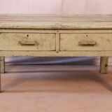 Antique Burmese teak bedside table with original green ecru patina