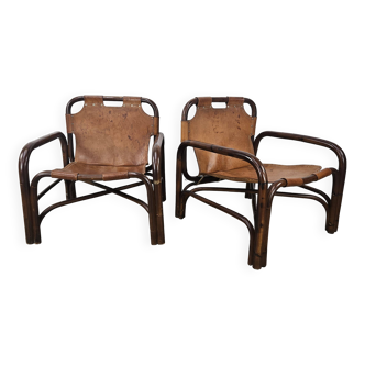 Poltrone Safari en bambou et cuir de Tito Agnoli années '60