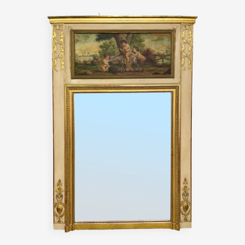 Trumeau mirror painted and gilded with leaf from the 19th century PUTTI canvas