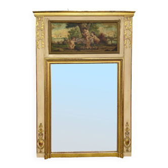 Trumeau mirror painted and gilded with leaf from the 19th century PUTTI canvas