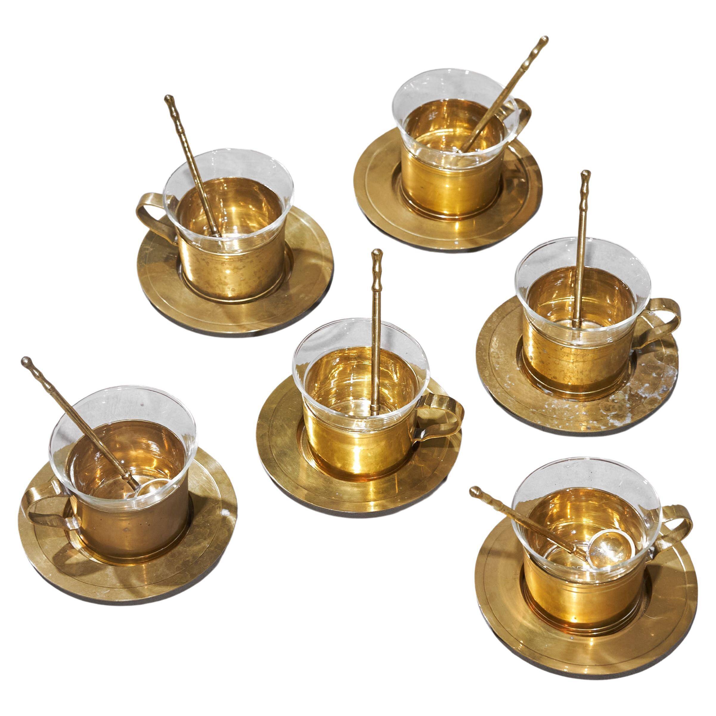 Mid-century tea service in patinated brass and glass