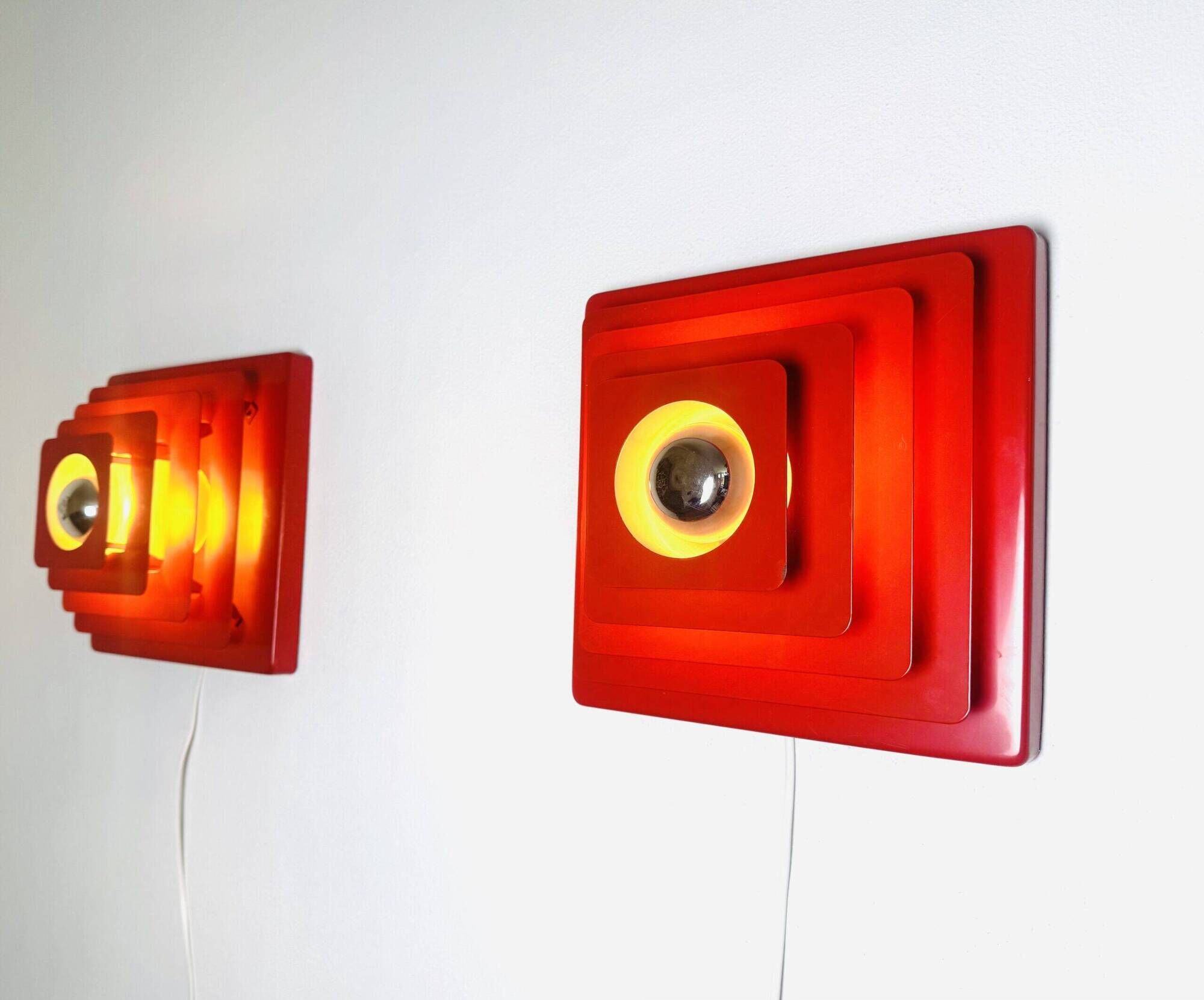 Multi-Layered Pyramid Wall Lamps In Red By Hustadt Leuchten, Germany 1970S