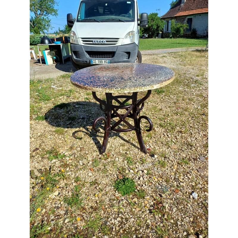 Vintage rattan table with reconstituted cement and stone top