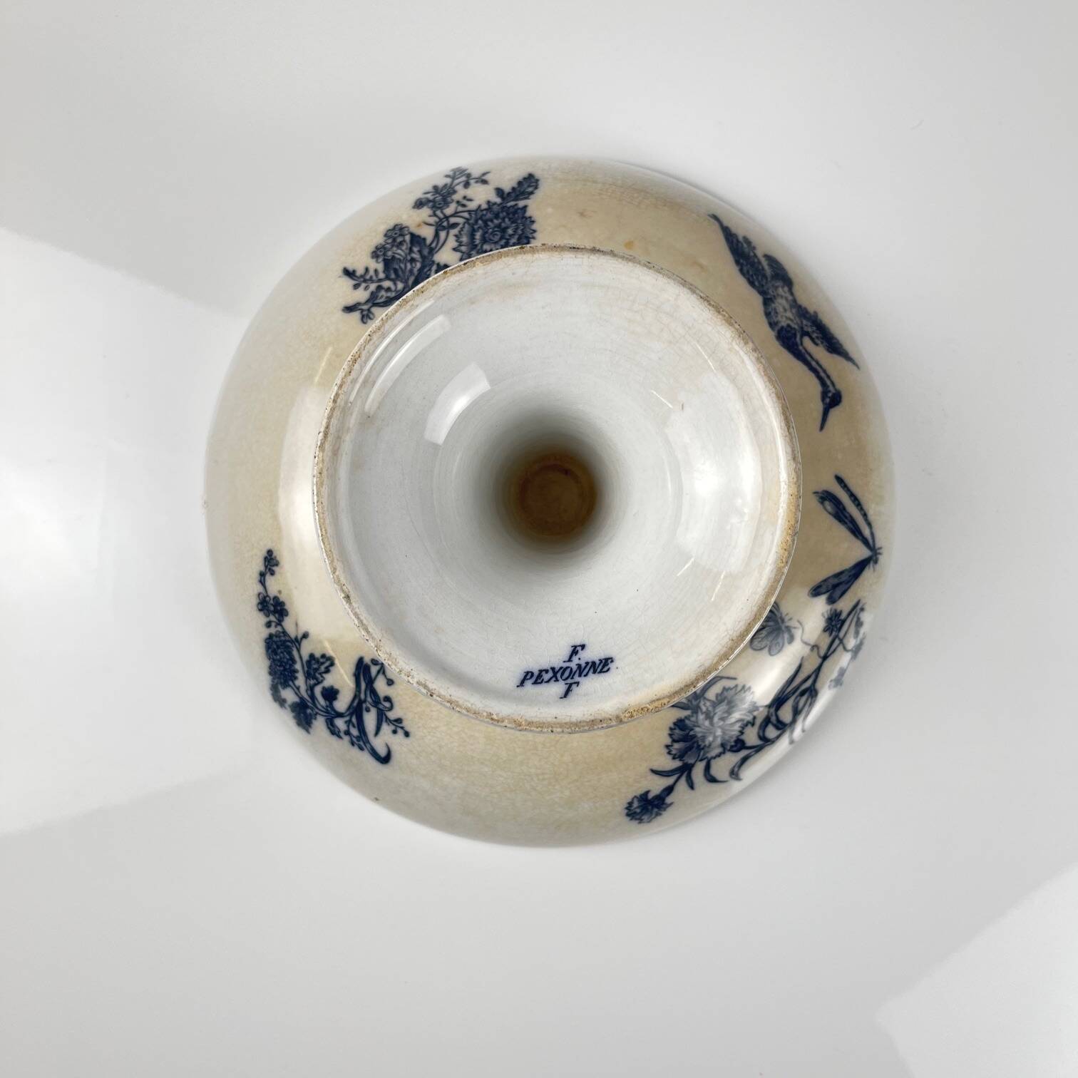 Pexonne iron earth compote dish, blue bird motif, late 19th century