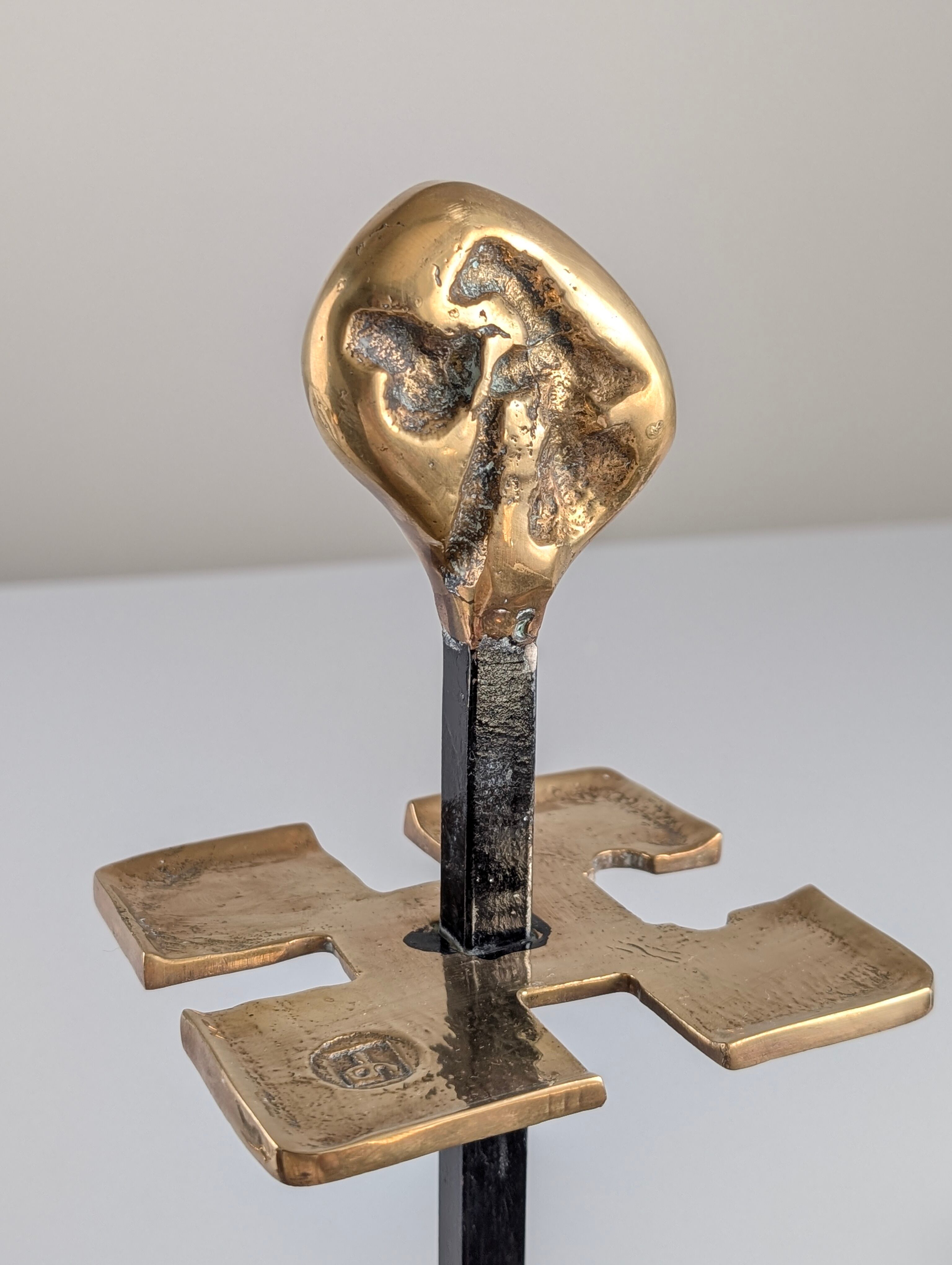 Brutalist iron and brass fireplace set by David Marshall, 1970s