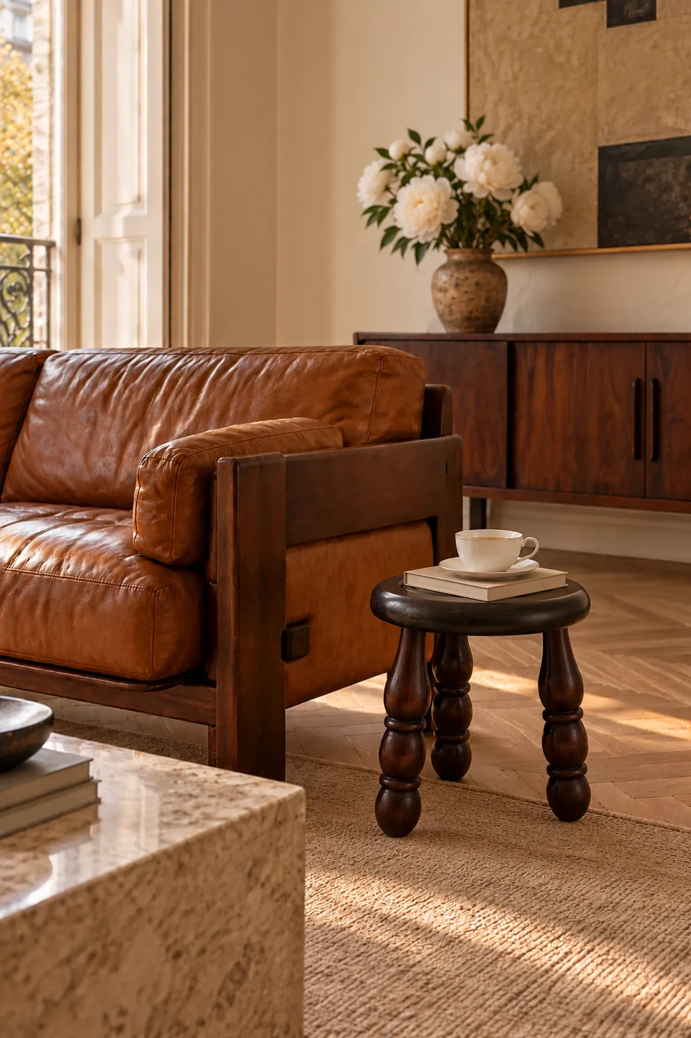 French Art Deco Tripod Stool in Chestnut, Attributed to Dudouyt, 1940s