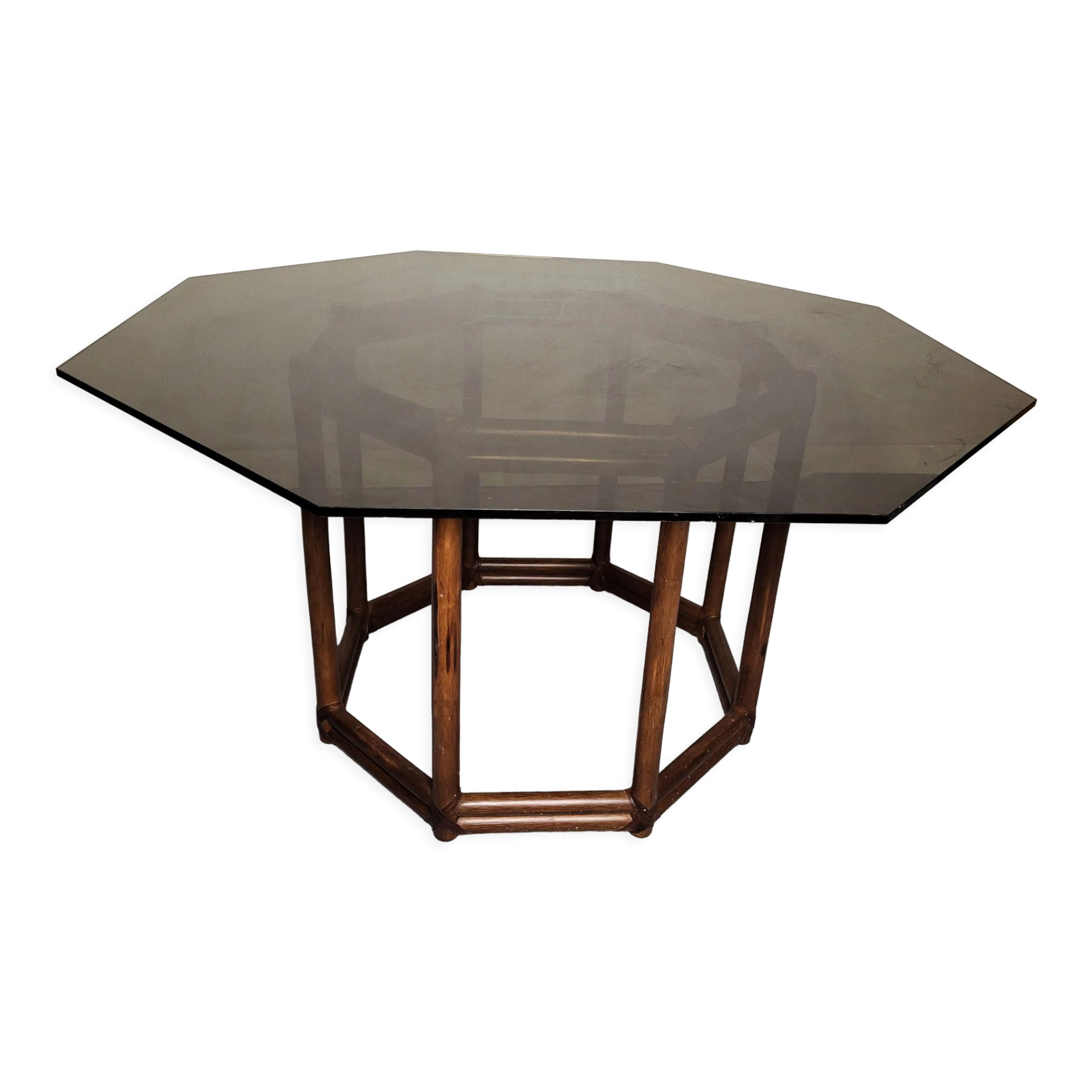 Wood table bamboo style smoked glass 70s