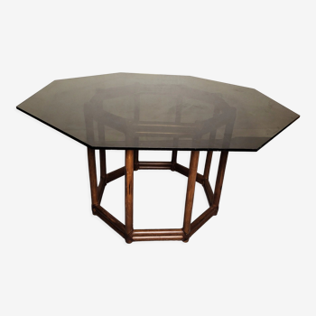 Table bois façon bambou verre fumé années 70