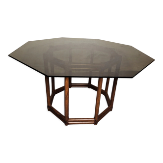 Wood table bamboo style smoked glass 70s
