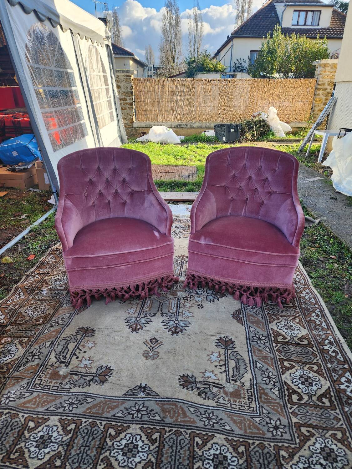 Pair of pink velvet toadstool armchairs