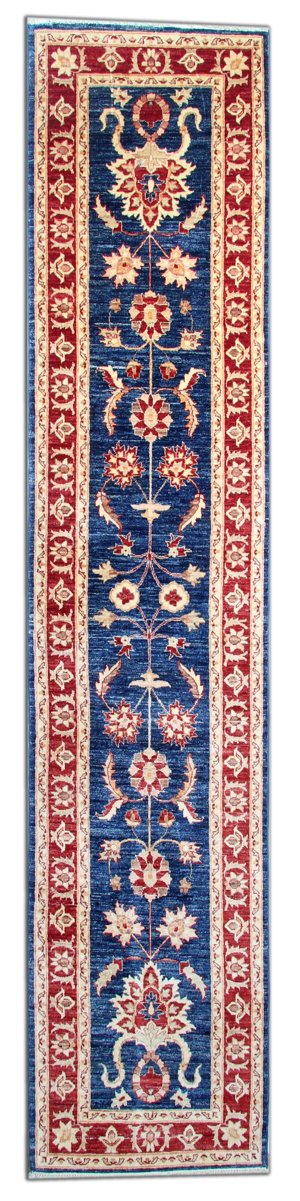 Blue Floral Hand-Knotted Runner, Traditional Wool Hallway Stair Rug 78x386