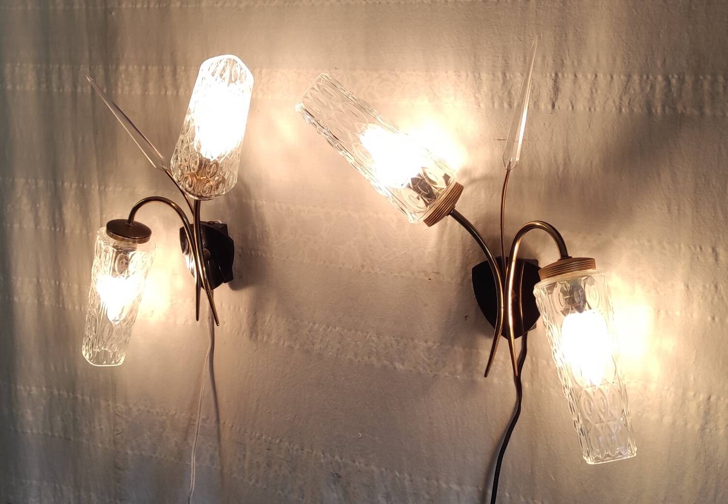 Double wall lights in gold metal and glass tulip - 60s/70s