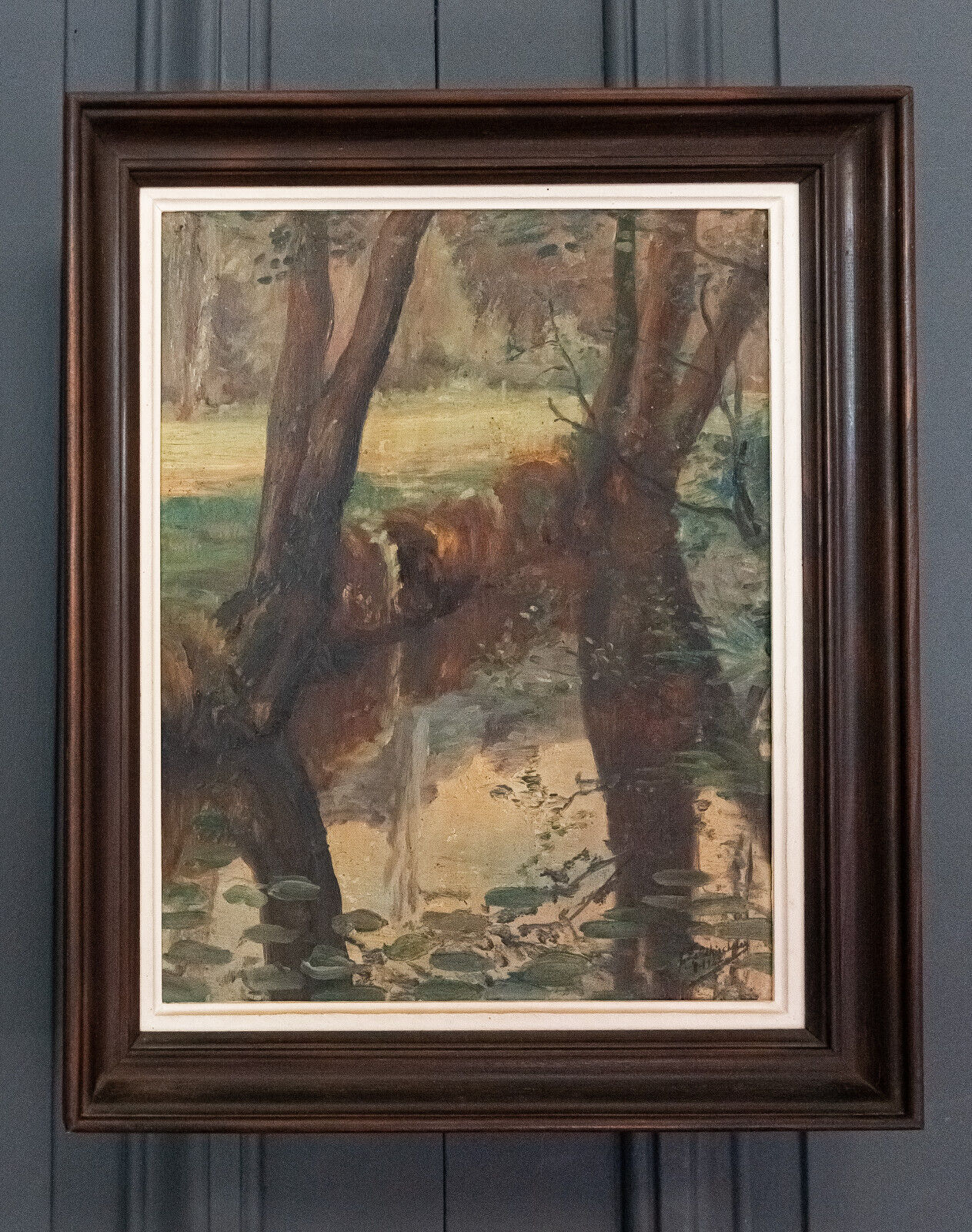 Oil on panel by Feldkricher 1942 undergrowth and river XXth