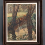 Oil on panel by Feldkricher 1942 undergrowth and river XXth