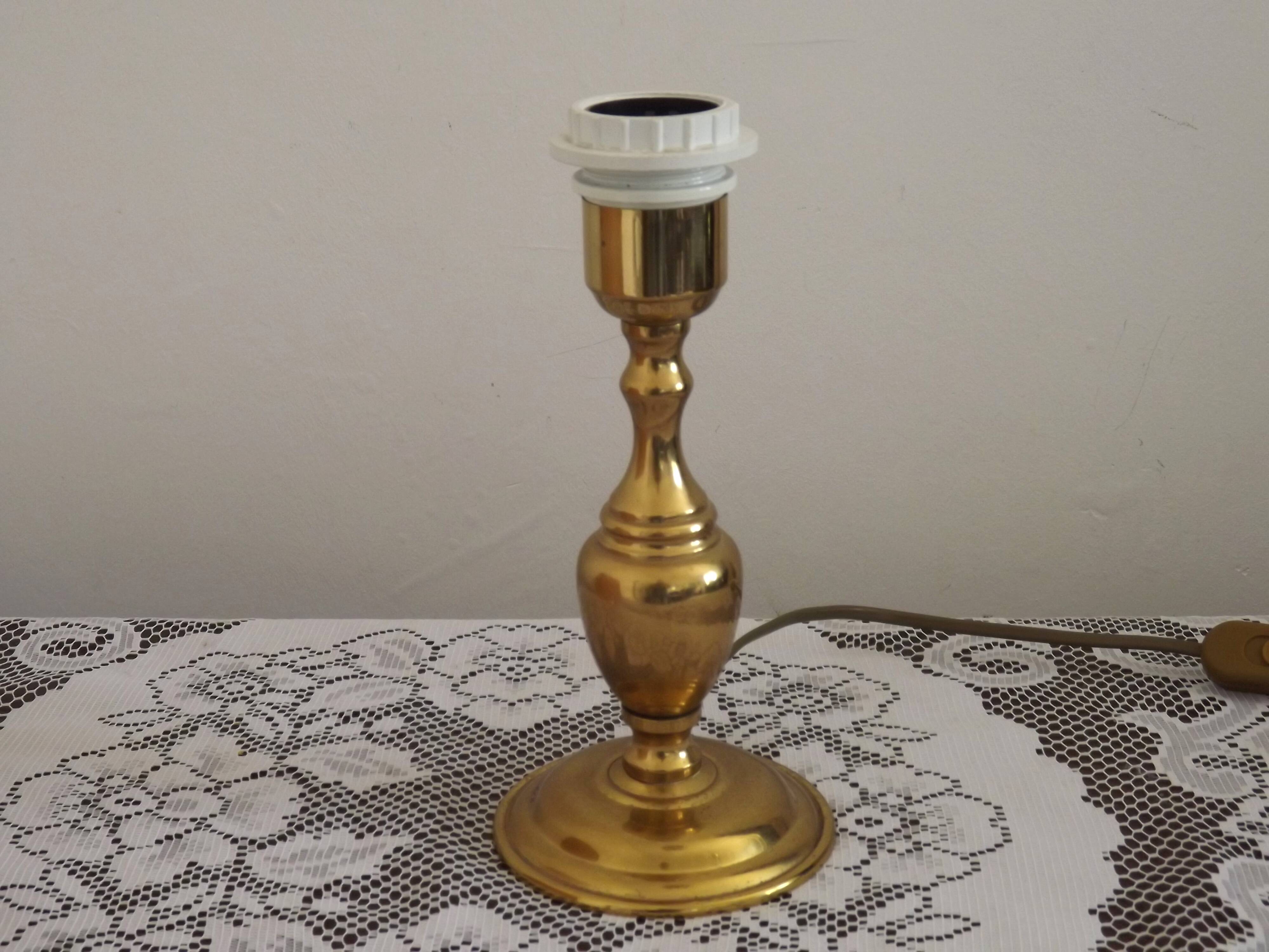 Vintage French Round Brass Table Lamp With Beige and Gold Shade