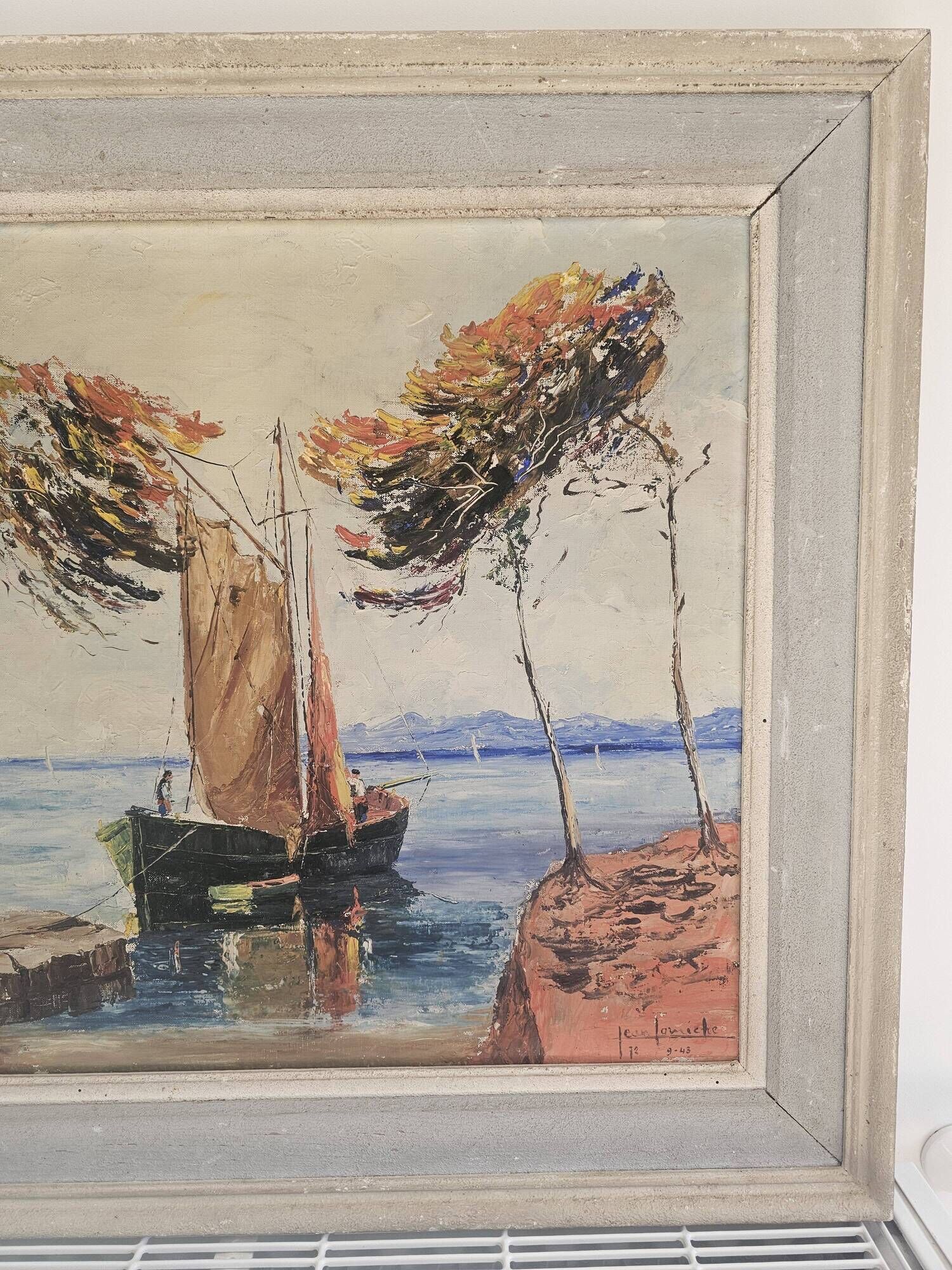 Oil Painting on Canvas Marine Boat at Sea - Signed Jean Corniche 1943