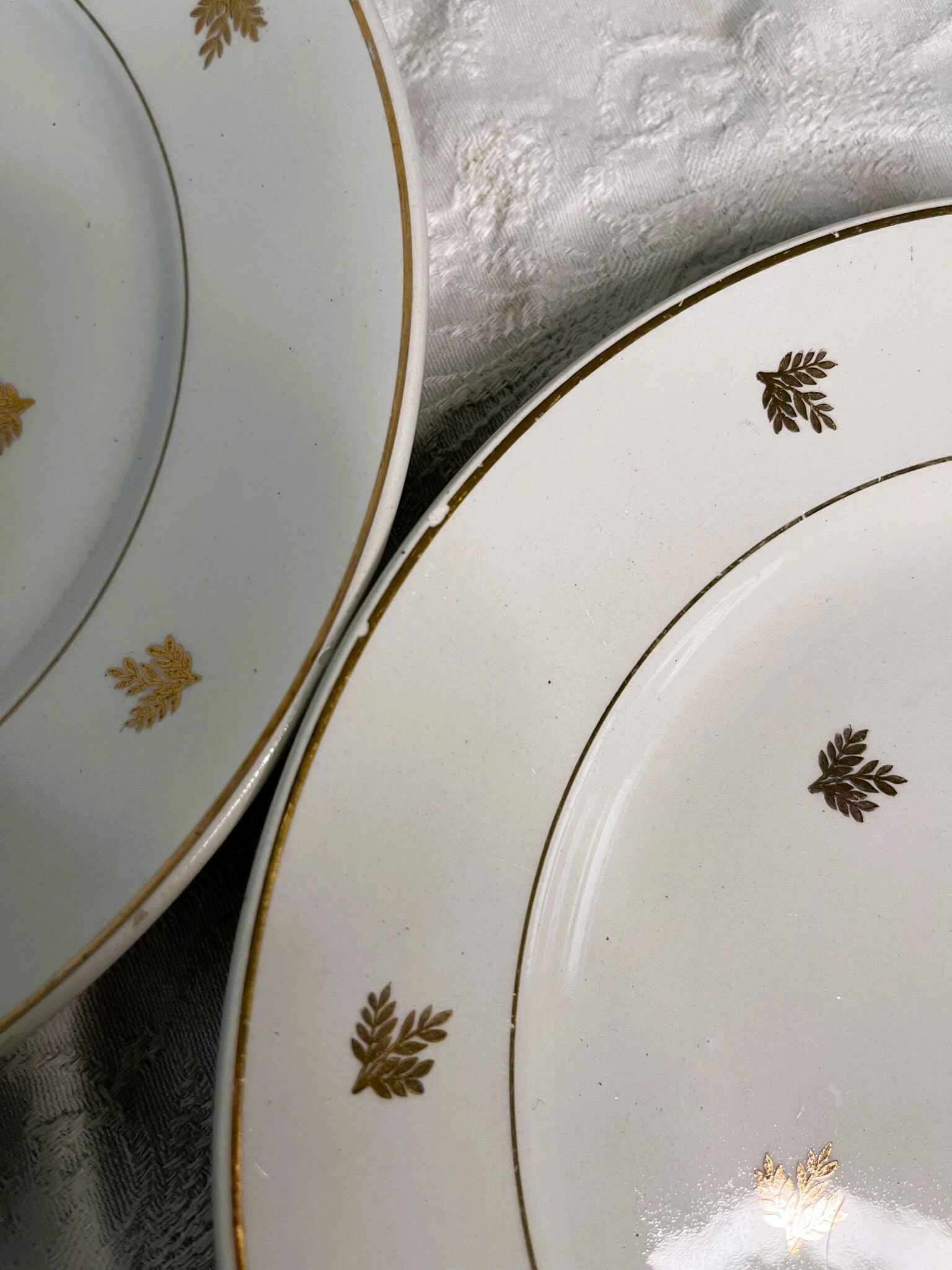11 plates in antique earthenware decorated with golden leaves and golden border