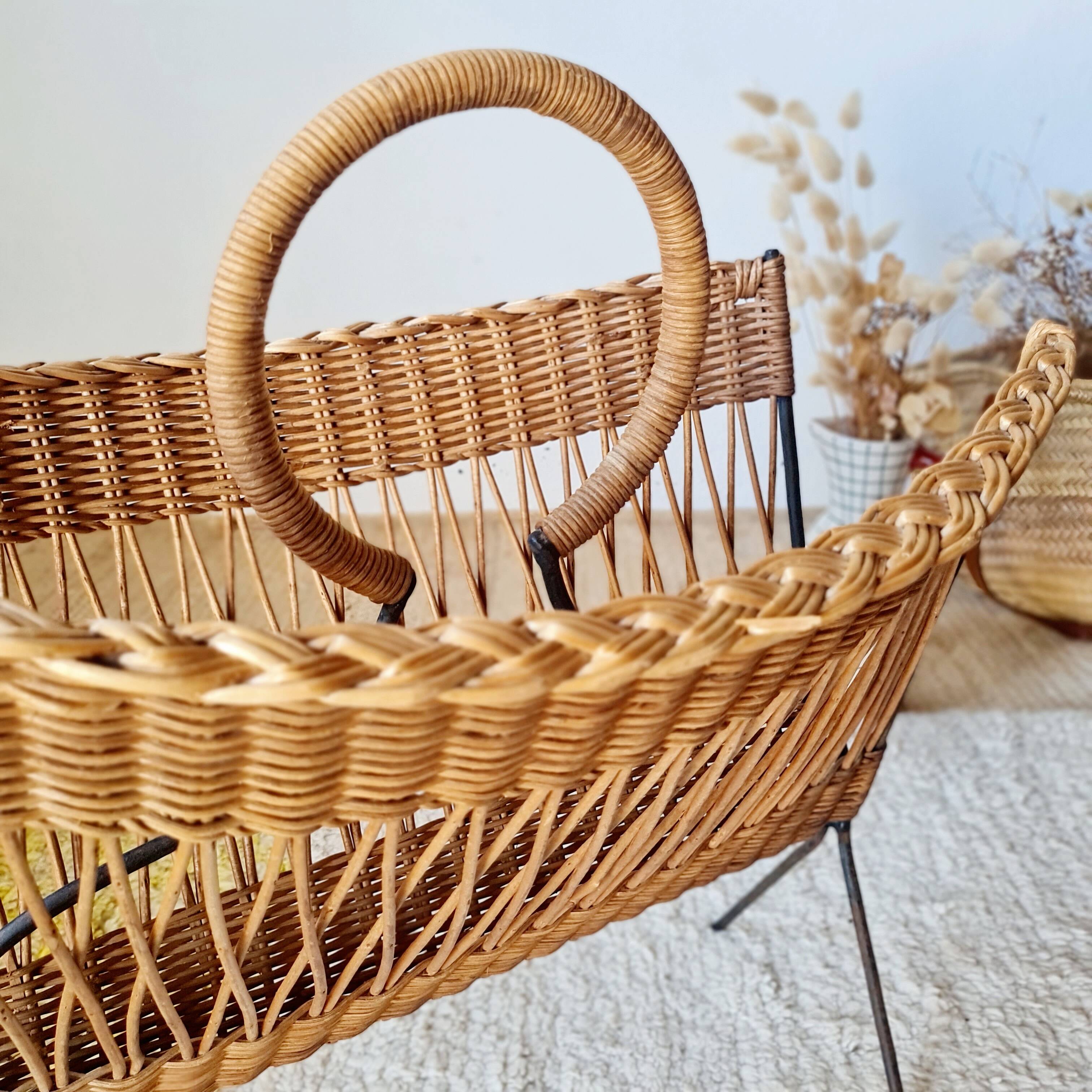 Vintage wicker and metal magazine rack