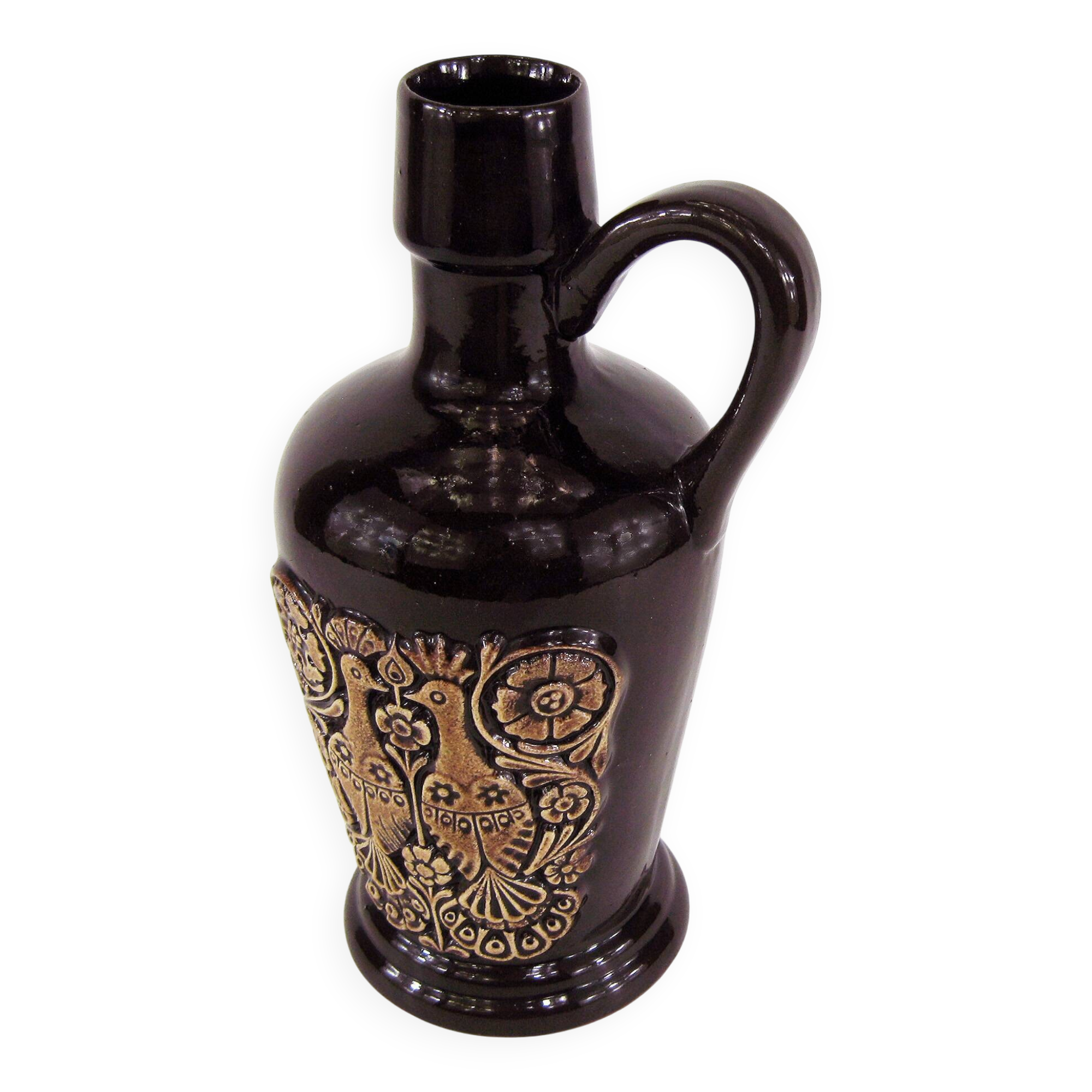 Ceramic pitcher vase - bird and flower decor - vintage 70s