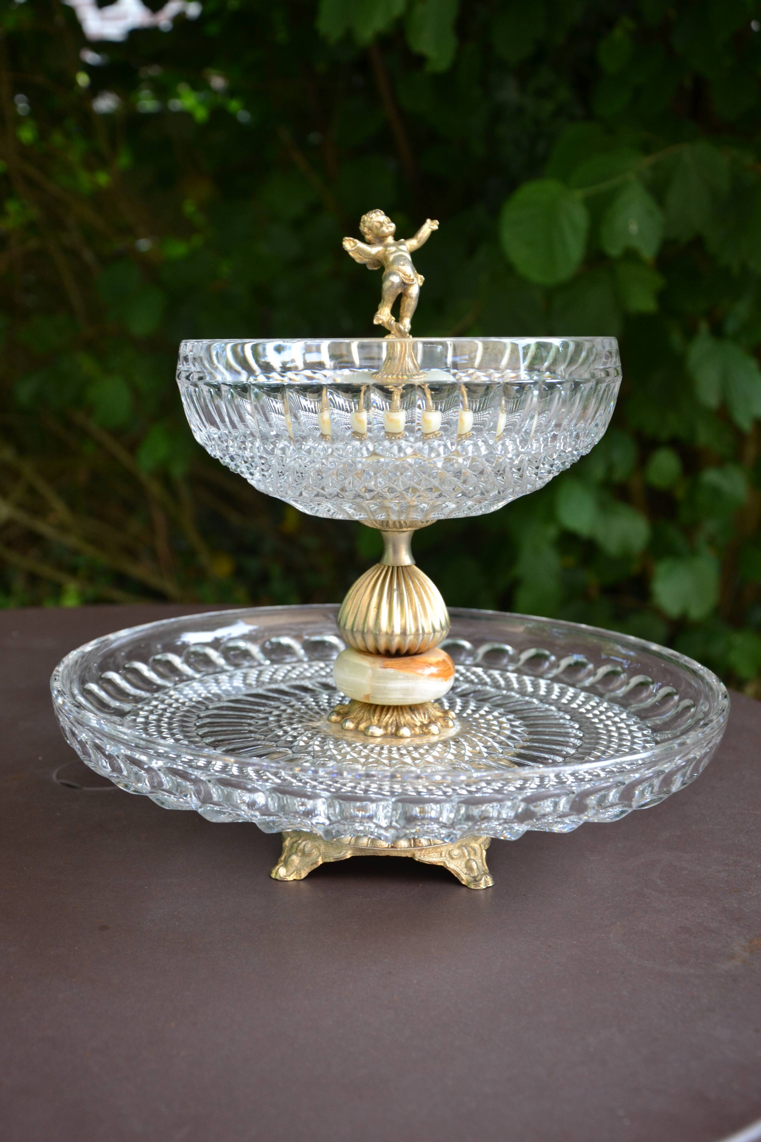 Présentoir, serviteur en cristal, onyx et bronze