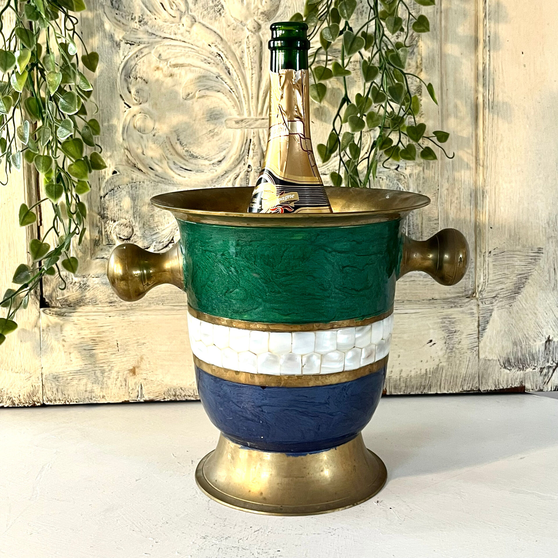 French Cloisonne cooler, Vintage Shell Inlay Barware Enamel Ice Bucket