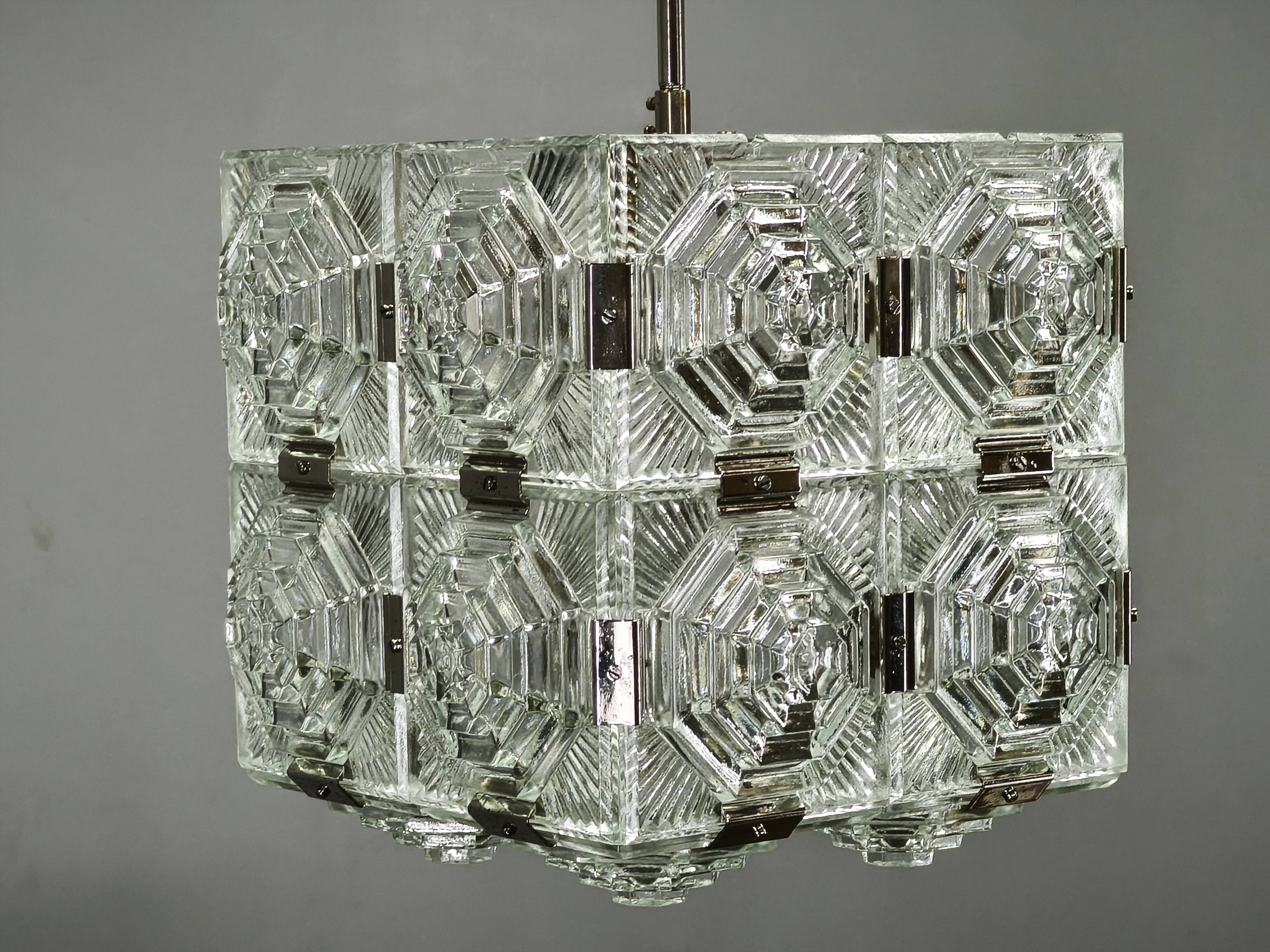 1970s Brutalist Glass Cube Pendant, Kamenický Šenov
