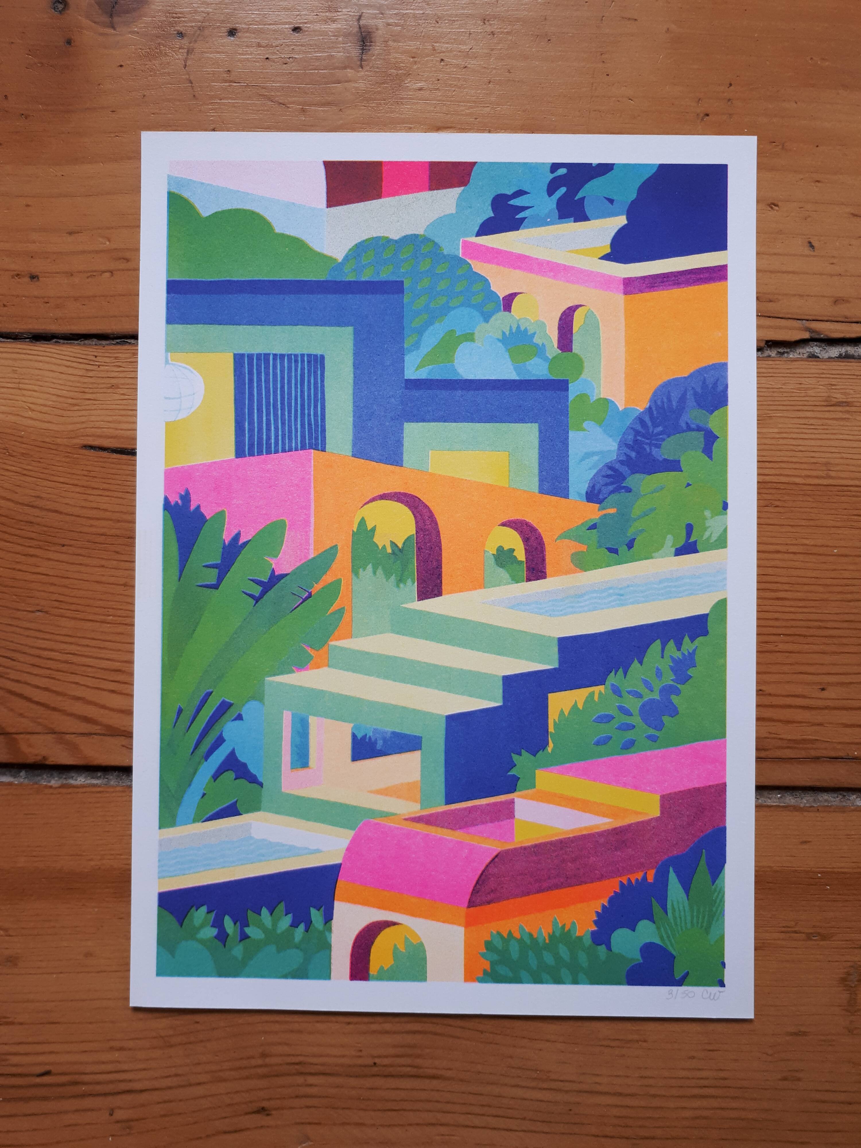 Illustration A4, houses, in risography