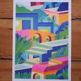 Illustration A4, houses, in risography