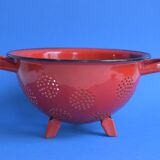 Vintage red enameled sheet metal colander