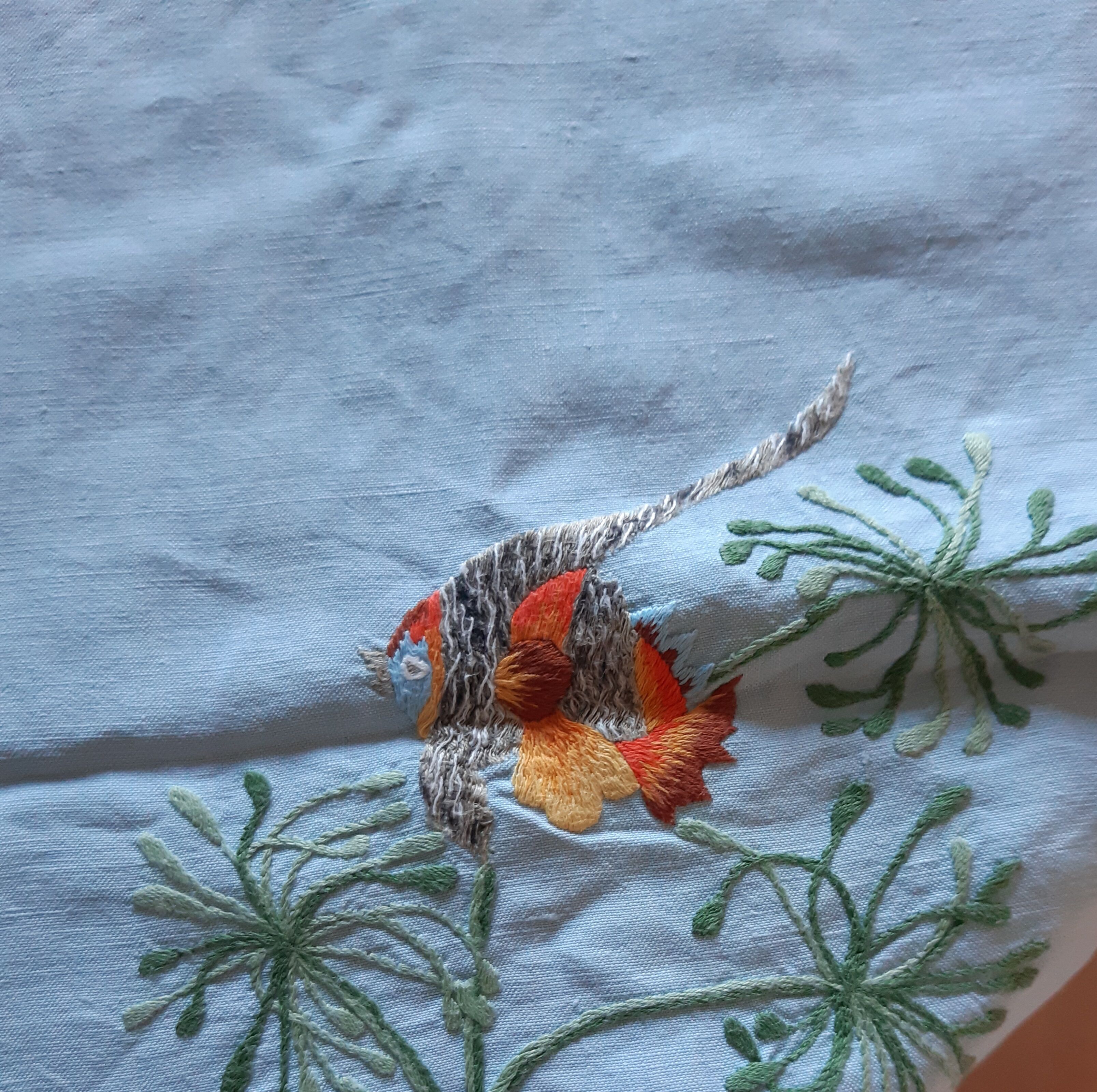Hand-embroidered tablecloth exotic fish towels