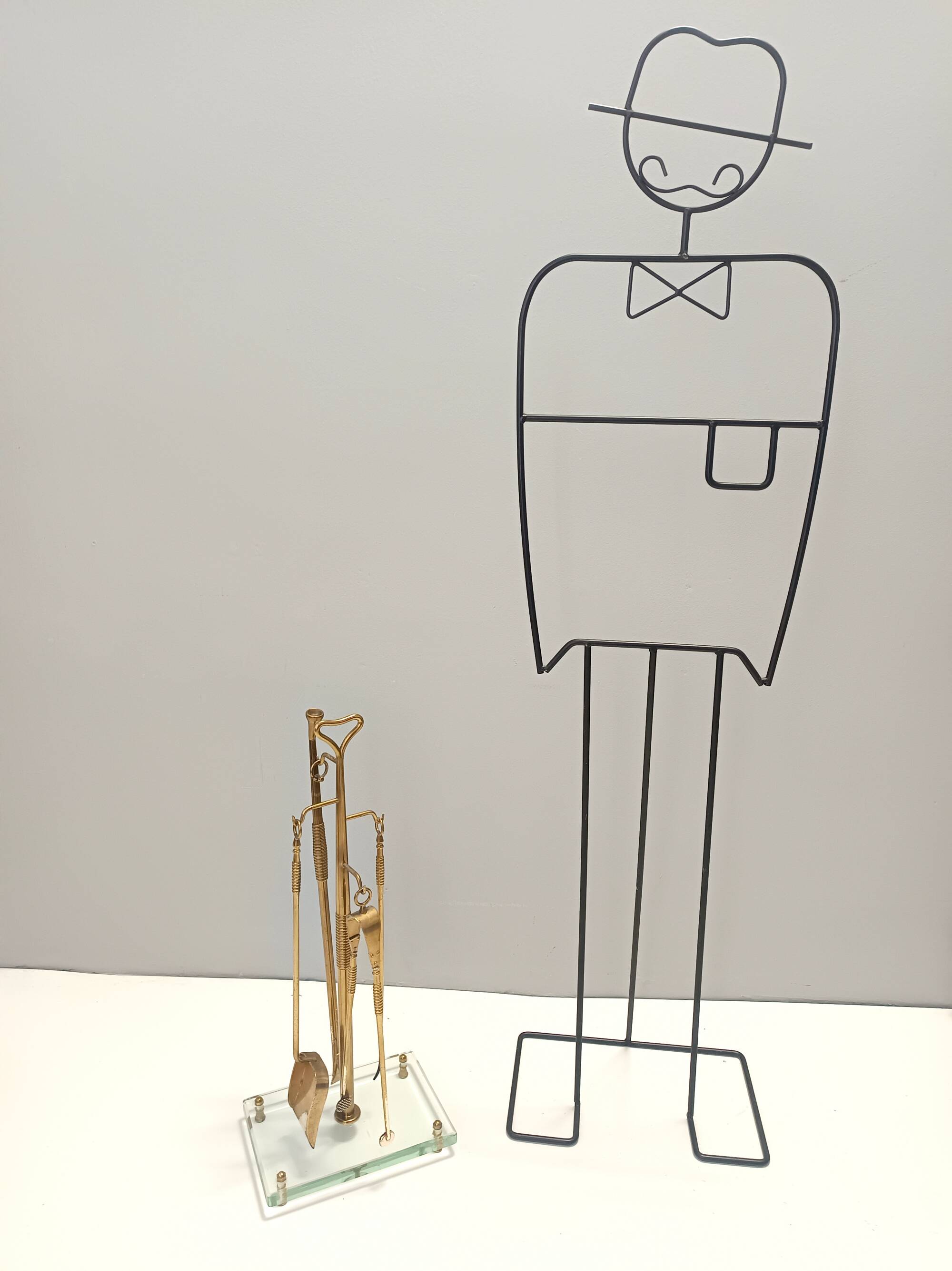 Brass, Iron and Thick Glass Fireplace Tools Set attr. to Fontana Arte