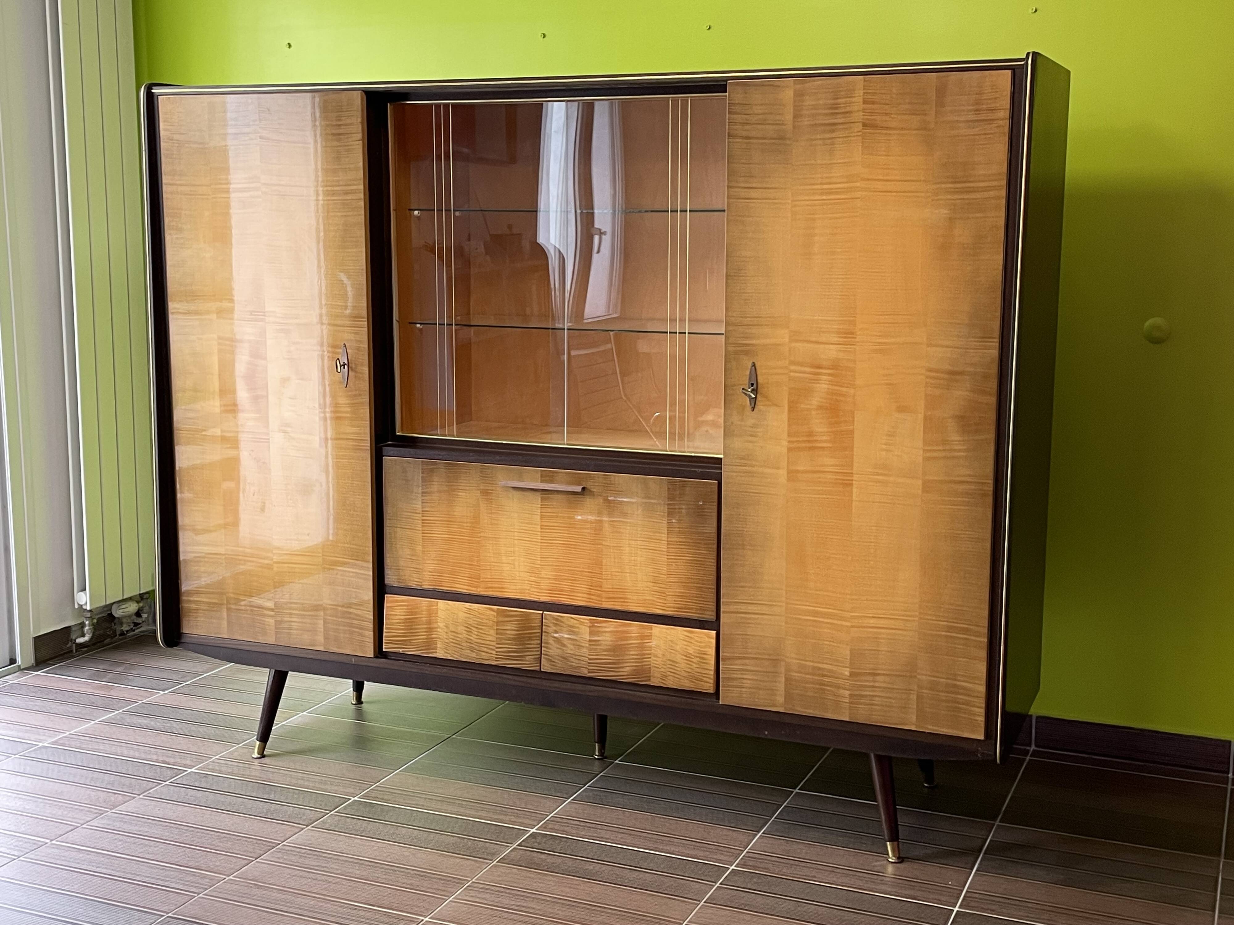 Vintage secretary cabinet from the 50s/60s in walnut and birch with compass feet